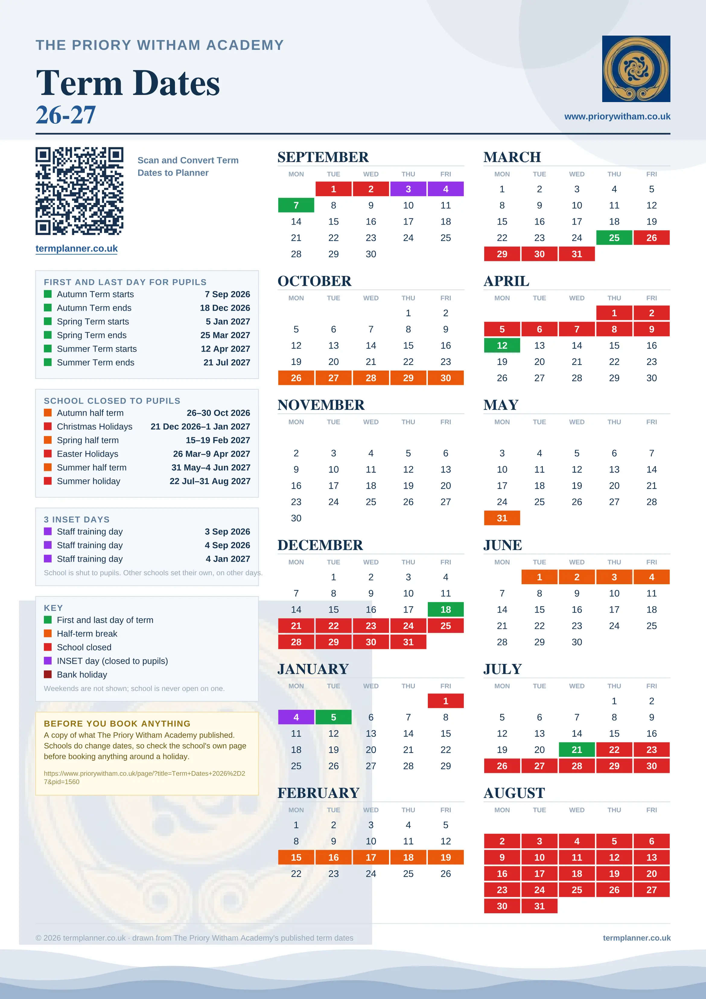 The Priory Witham Academy’s 2026/27 school year drawn as one sheet: twelve month grids from September to August, Monday to Friday, with autumn term 7 September to 18 December 2026, spring term 5 January to 25 March 2027, summer term 12 April to 21 July 2027. Half terms, holidays and bank holidays are filled in colour, the first and last day of each term is marked, 3 INSET days are picked out, and every date is listed again in words down the left.