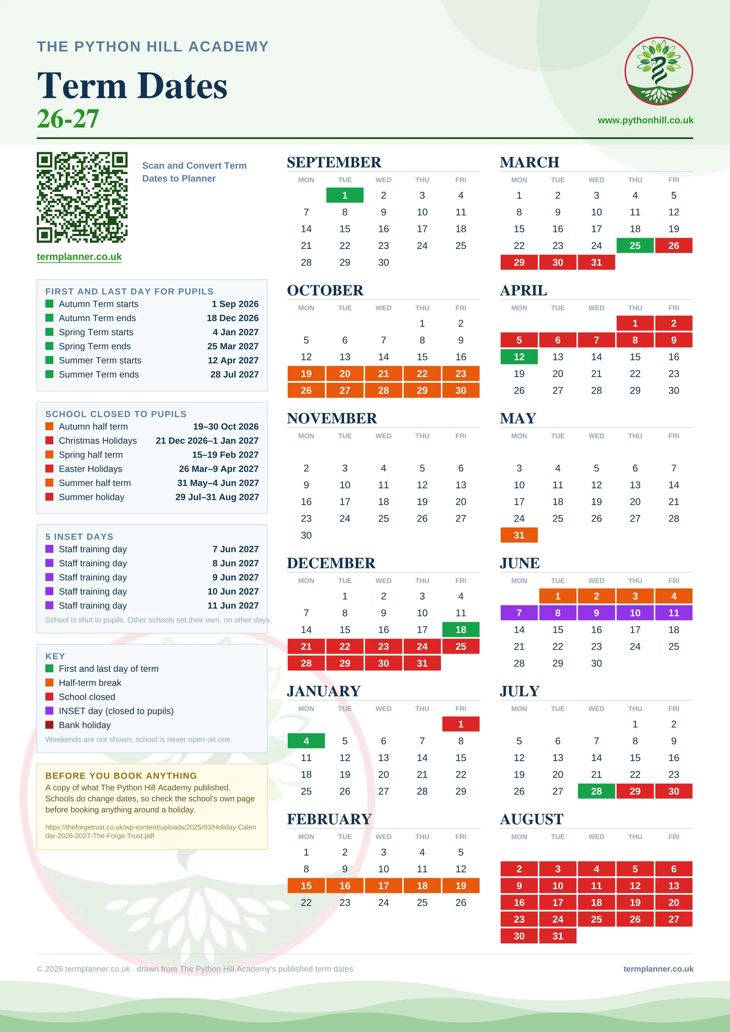 The Python Hill Academy’s 2026/27 school year drawn as one sheet: twelve month grids from September to August, Monday to Friday, with autumn term 1 September to 18 December 2026, spring term 4 January to 25 March 2027, summer term 12 April to 28 July 2027. Half terms, holidays and bank holidays are filled in colour, the first and last day of each term is marked, 5 INSET days are picked out, and every date is listed again in words down the left.