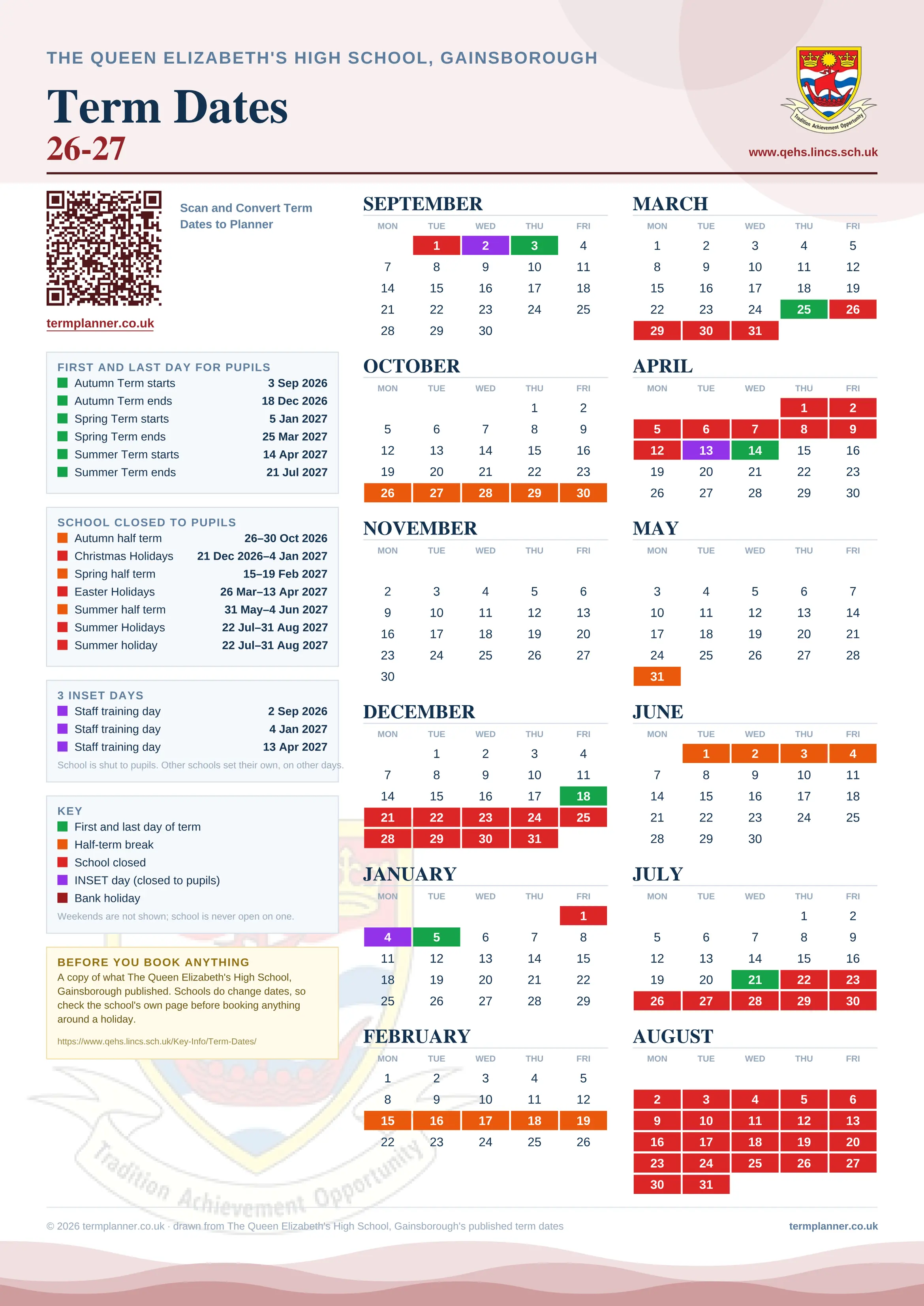 The Queen Elizabeth's High School, Gainsborough’s 2026/27 school year drawn as one sheet: twelve month grids from September to August, Monday to Friday, with autumn term 3 September to 18 December 2026, spring term 5 January to 25 March 2027, summer term 14 April to 21 July 2027. Half terms, holidays and bank holidays are filled in colour, the first and last day of each term is marked, 3 INSET days are picked out, and every date is listed again in words down the left.