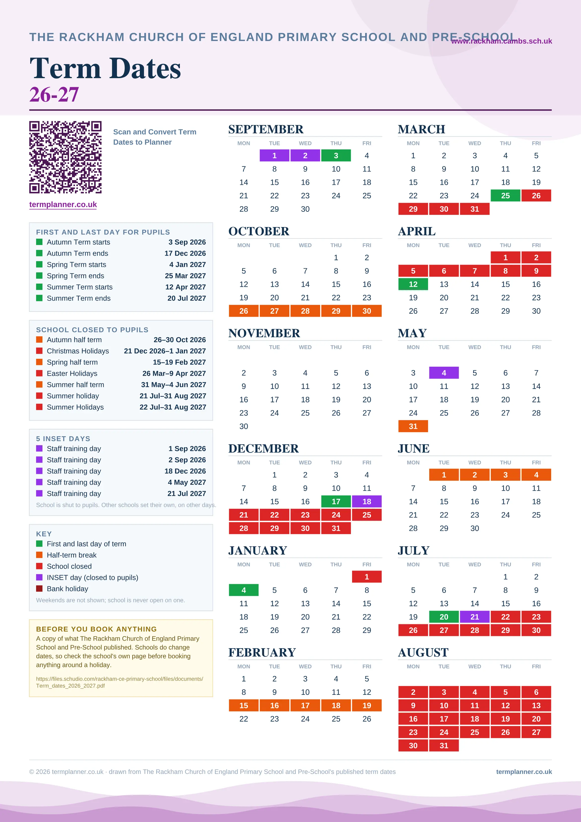 The Rackham Church of England Primary School and Pre-School’s 2026/27 school year drawn as one sheet: twelve month grids from September to August, Monday to Friday, with autumn term 3 September to 17 December 2026, spring term 4 January to 25 March 2027, summer term 12 April to 20 July 2027. Half terms, holidays and bank holidays are filled in colour, the first and last day of each term is marked, 5 INSET days are picked out, and every date is listed again in words down the left.