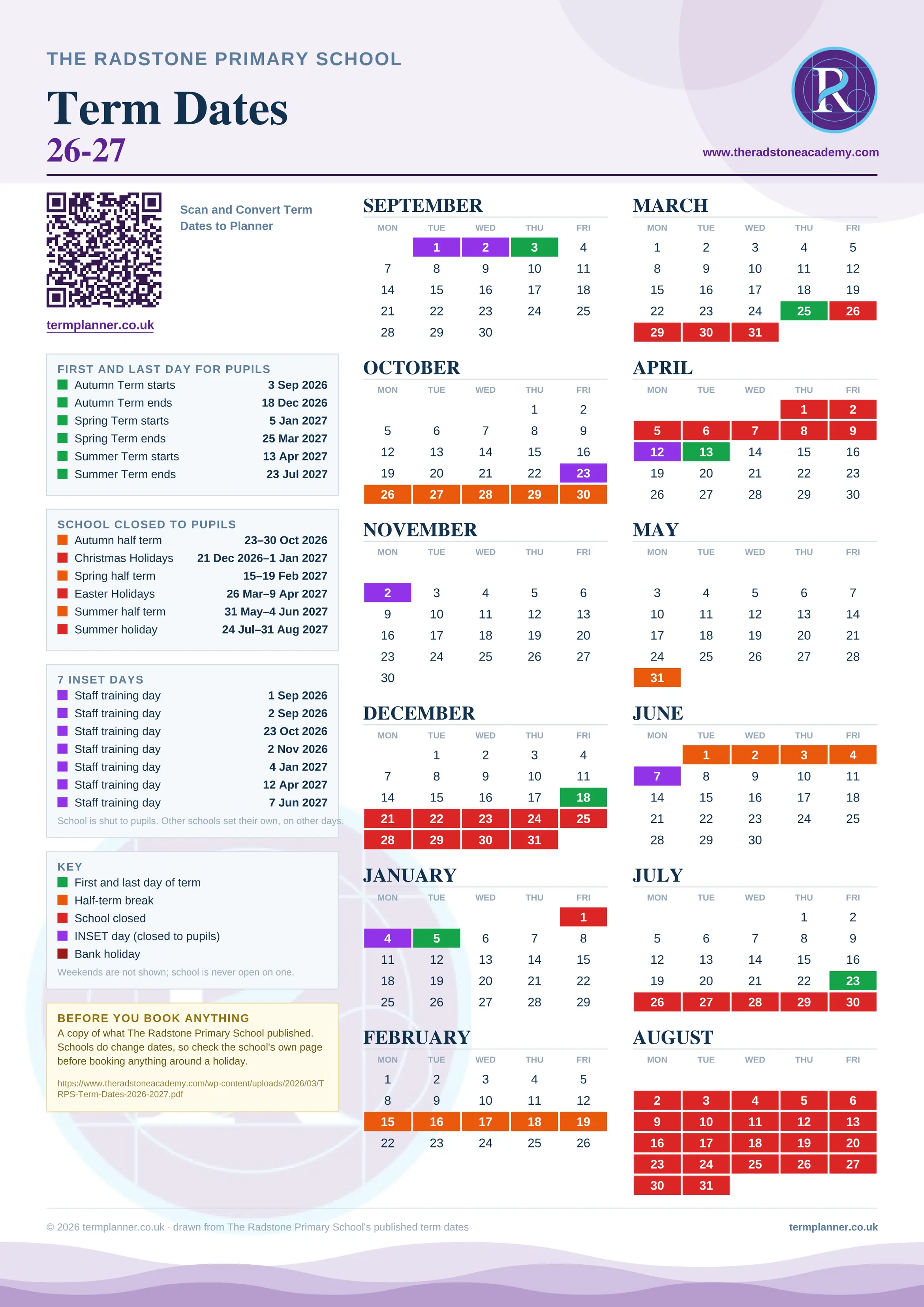 The Radstone Primary School’s 2026/27 school year drawn as one sheet: twelve month grids from September to August, Monday to Friday, with autumn term 3 September to 18 December 2026, spring term 5 January to 25 March 2027, summer term 13 April to 23 July 2027. Half terms, holidays and bank holidays are filled in colour, the first and last day of each term is marked, 7 INSET days are picked out, and every date is listed again in words down the left.