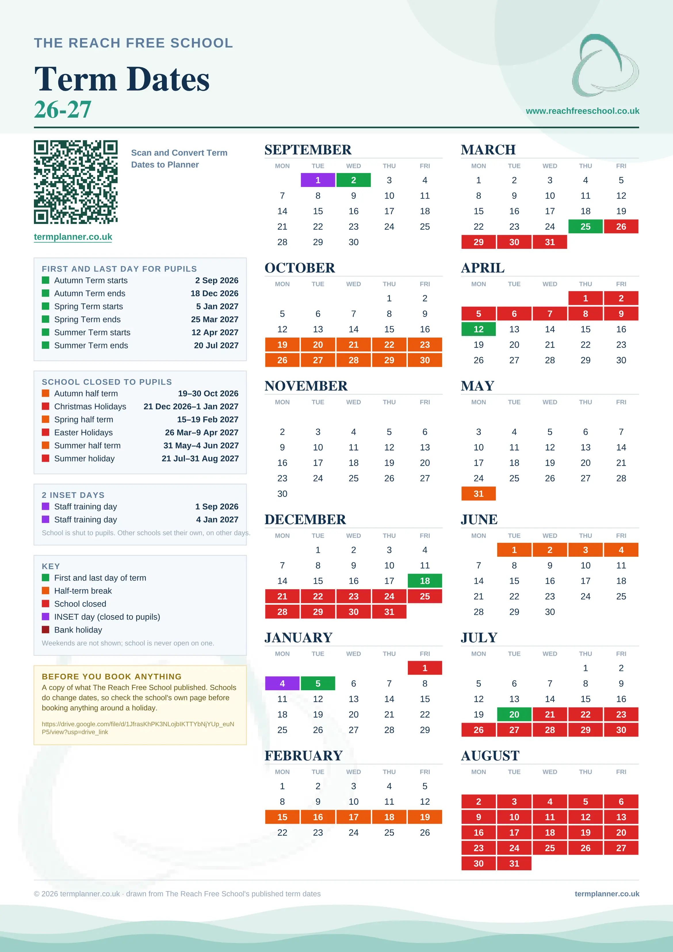 The Reach Free School’s 2026/27 school year drawn as one sheet: twelve month grids from September to August, Monday to Friday, with autumn term 2 September to 18 December 2026, spring term 5 January to 25 March 2027, summer term 12 April to 20 July 2027. Half terms, holidays and bank holidays are filled in colour, the first and last day of each term is marked, 2 INSET days are picked out, and every date is listed again in words down the left.