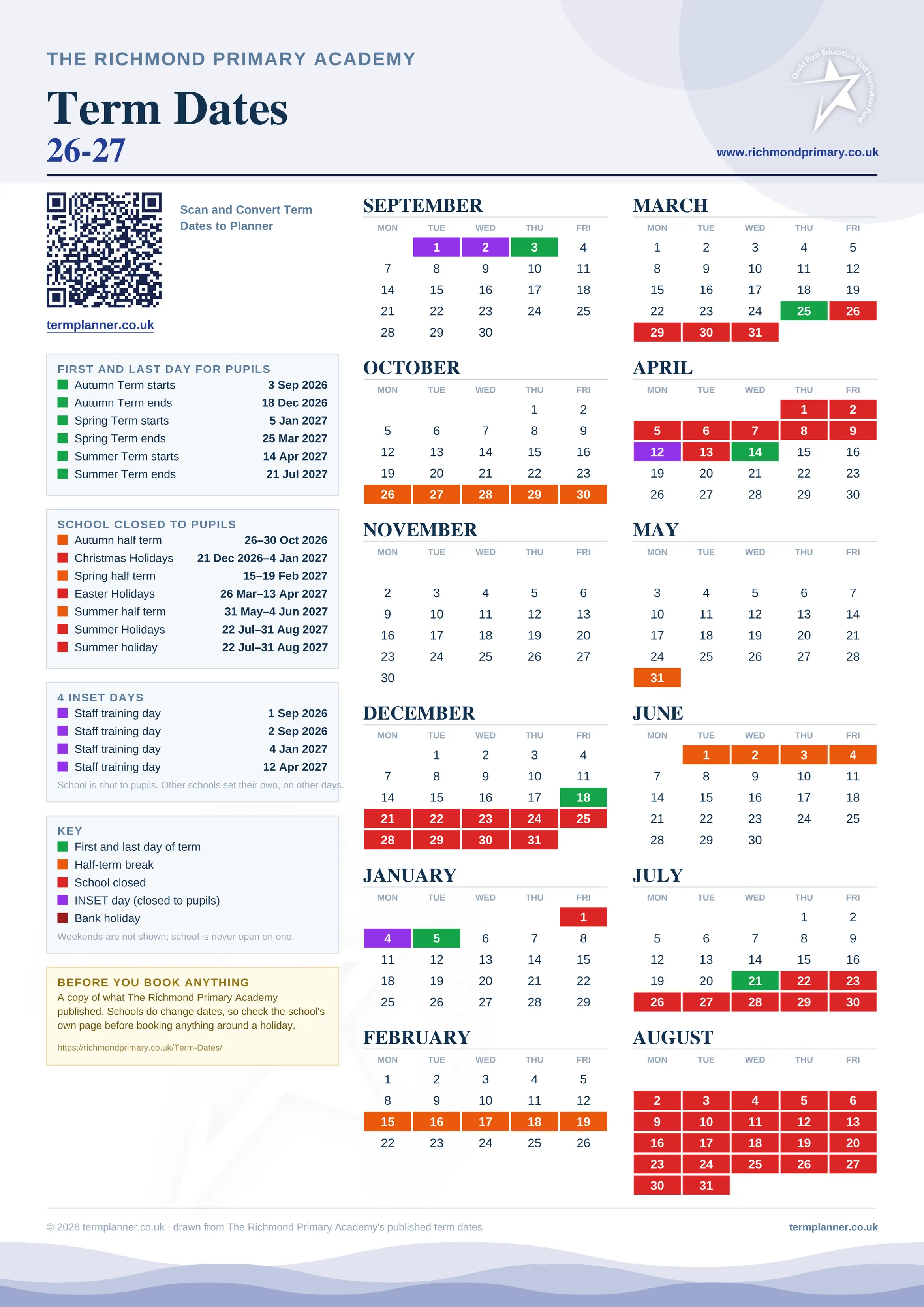 The Richmond Primary Academy’s 2026/27 school year drawn as one sheet: twelve month grids from September to August, Monday to Friday, with autumn term 3 September to 18 December 2026, spring term 5 January to 25 March 2027, summer term 14 April to 21 July 2027. Half terms, holidays and bank holidays are filled in colour, the first and last day of each term is marked, 4 INSET days are picked out, and every date is listed again in words down the left.