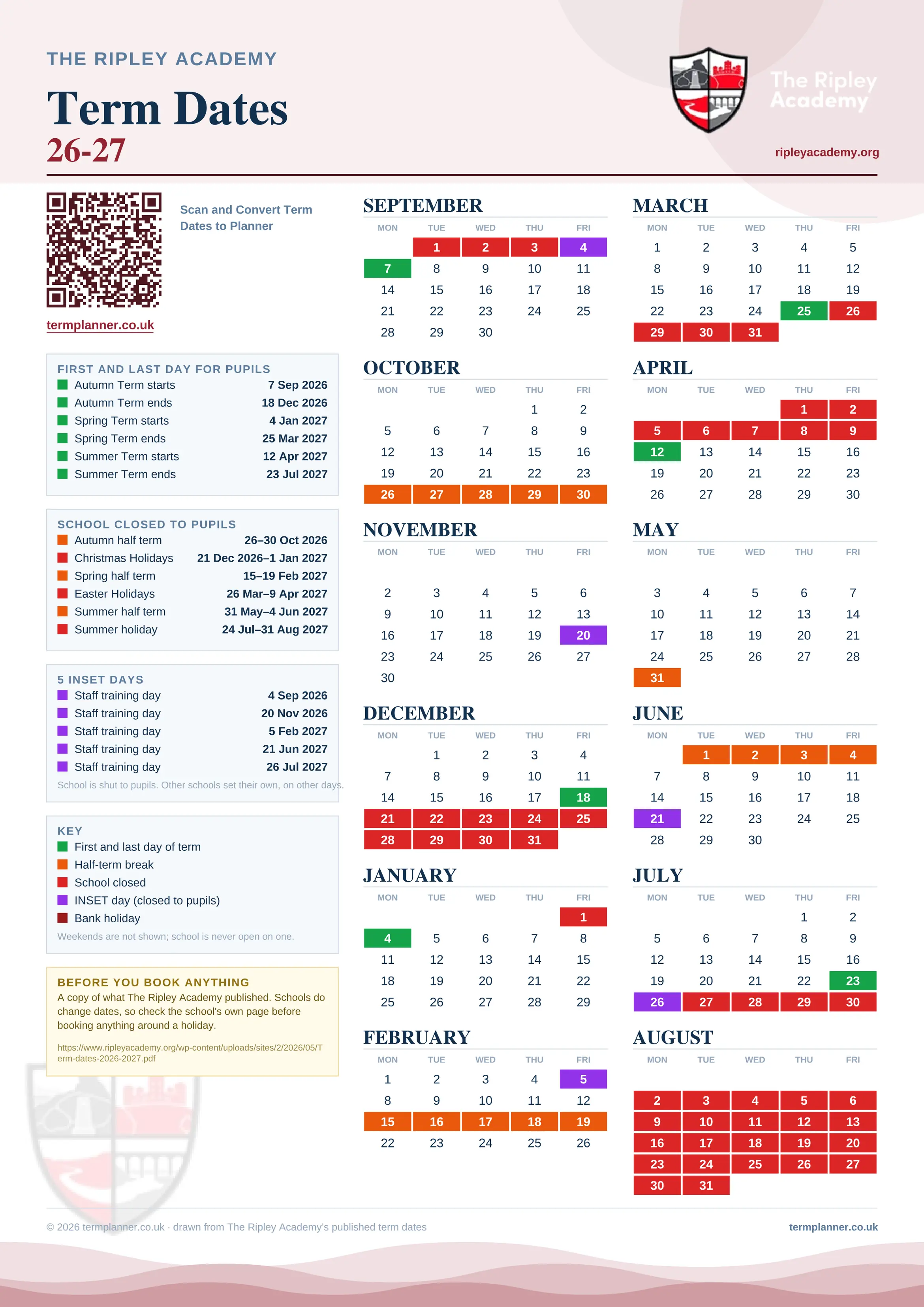 The Ripley Academy’s 2026/27 school year drawn as one sheet: twelve month grids from September to August, Monday to Friday, with autumn term 7 September to 18 December 2026, spring term 4 January to 25 March 2027, summer term 12 April to 23 July 2027. Half terms, holidays and bank holidays are filled in colour, the first and last day of each term is marked, 5 INSET days are picked out, and every date is listed again in words down the left.