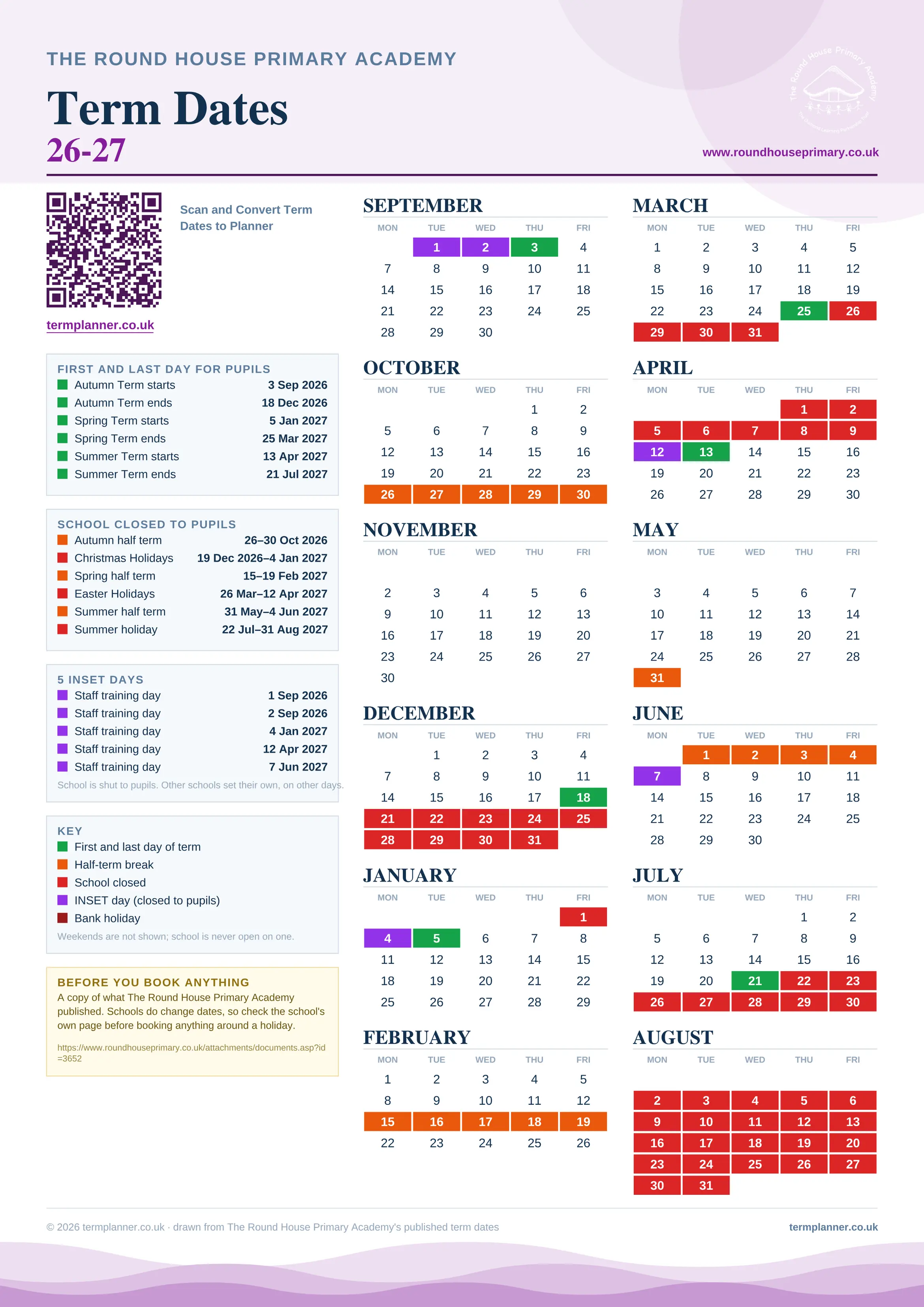 The Round House Primary Academy’s 2026/27 school year drawn as one sheet: twelve month grids from September to August, Monday to Friday, with autumn term 3 September to 18 December 2026, spring term 5 January to 25 March 2027, summer term 13 April to 21 July 2027. Half terms, holidays and bank holidays are filled in colour, the first and last day of each term is marked, 5 INSET days are picked out, and every date is listed again in words down the left.