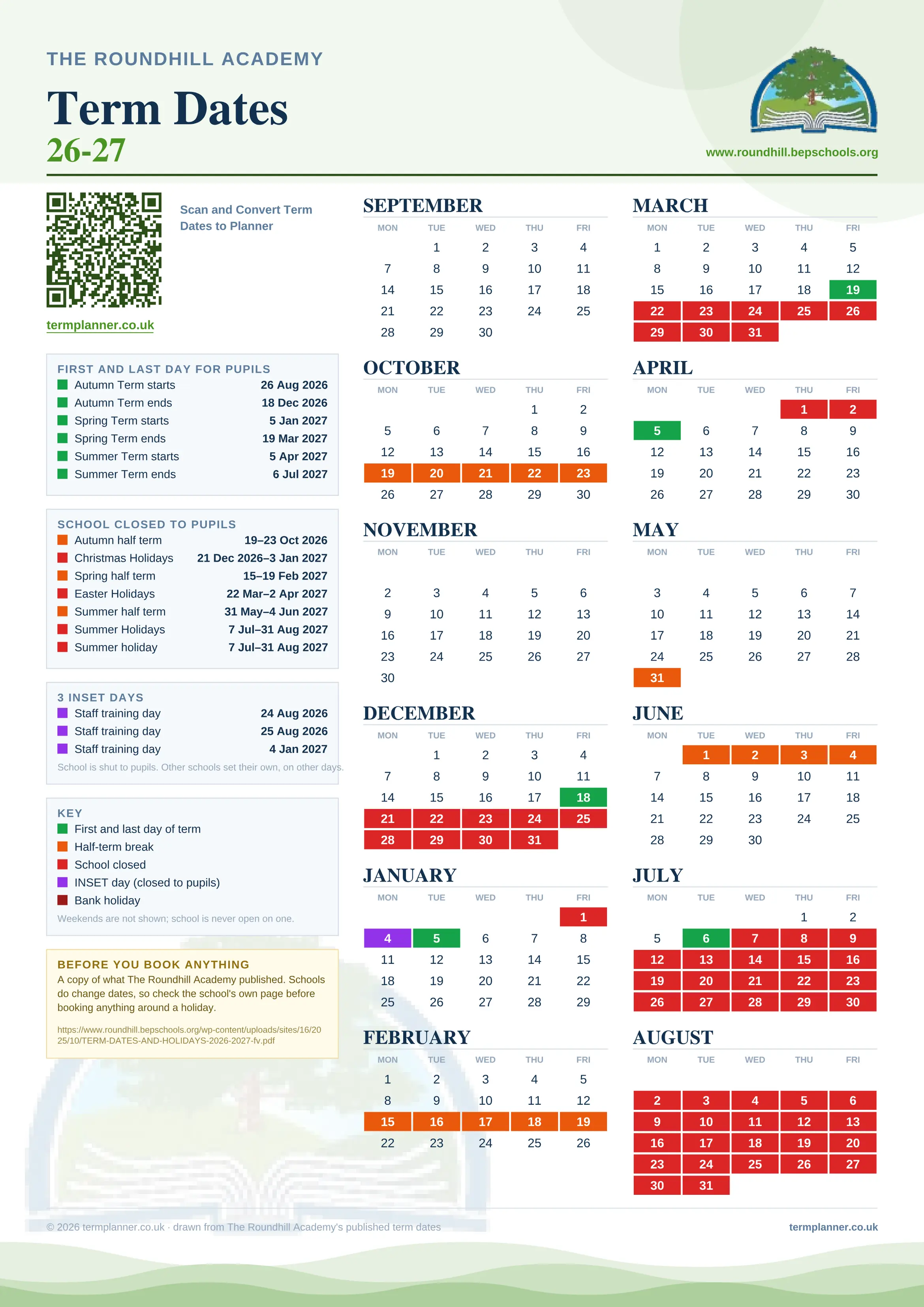 The Roundhill Academy’s 2026/27 school year drawn as one sheet: twelve month grids from September to August, Monday to Friday, with autumn term 26 August to 18 December 2026, spring term 5 January to 19 March 2027, summer term 5 April to 6 July 2027. Half terms, holidays and bank holidays are filled in colour, the first and last day of each term is marked, 3 INSET days are picked out, and every date is listed again in words down the left.