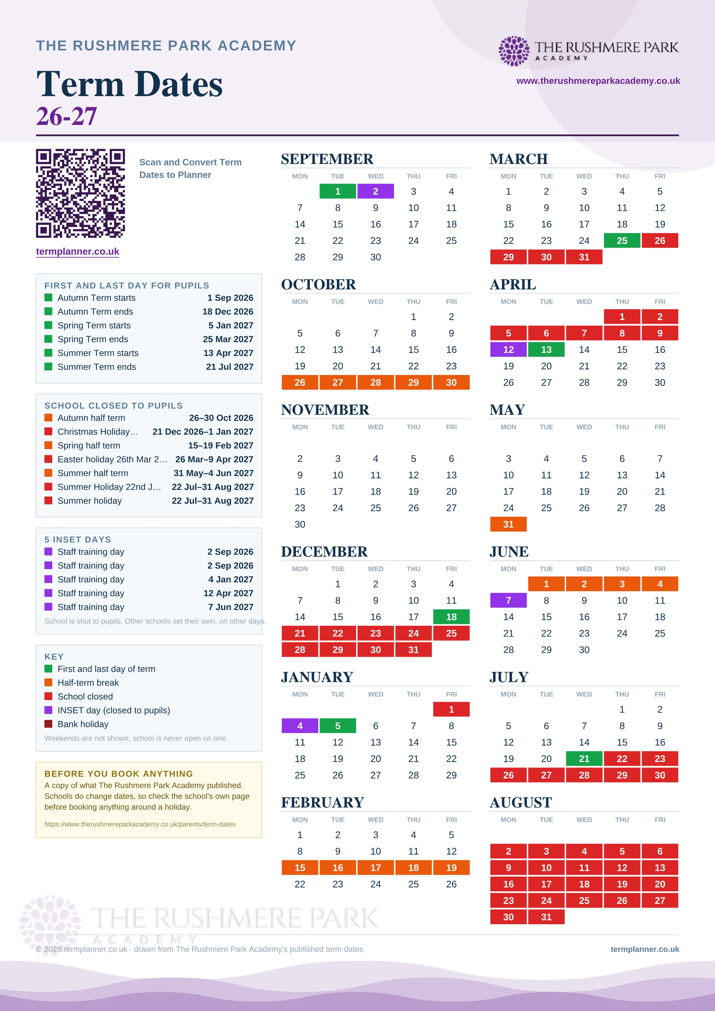 The Rushmere Park Academy’s 2026/27 school year drawn as one sheet: twelve month grids from September to August, Monday to Friday, with autumn term 1 September to 18 December 2026, spring term 5 January to 25 March 2027, summer term 13 April to 21 July 2027. Half terms, holidays and bank holidays are filled in colour, the first and last day of each term is marked, 5 INSET days are picked out, and every date is listed again in words down the left.