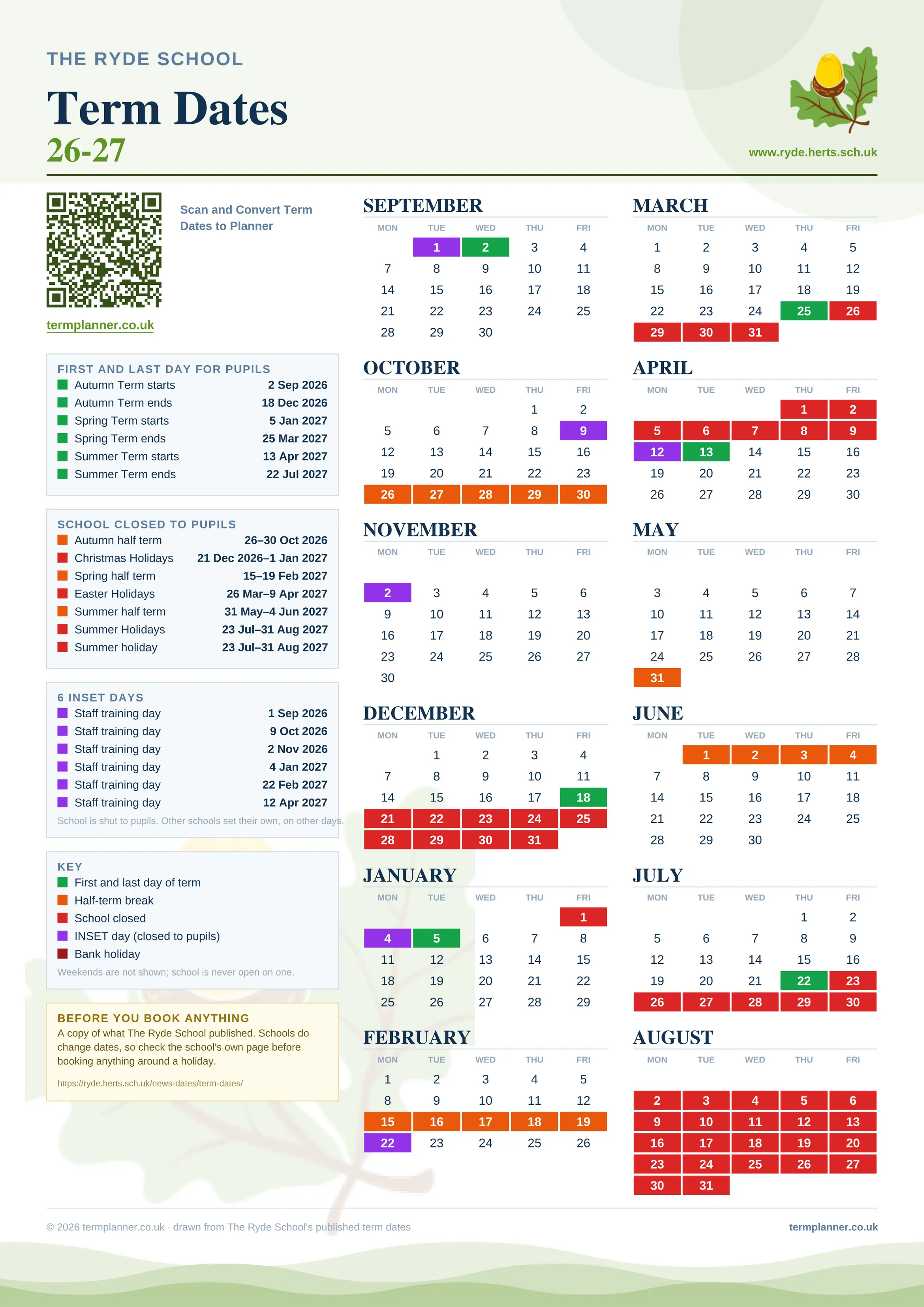 The Ryde School’s 2026/27 school year drawn as one sheet: twelve month grids from September to August, Monday to Friday, with autumn term 2 September to 18 December 2026, spring term 5 January to 25 March 2027, summer term 13 April to 22 July 2027. Half terms, holidays and bank holidays are filled in colour, the first and last day of each term is marked, 6 INSET days are picked out, and every date is listed again in words down the left.