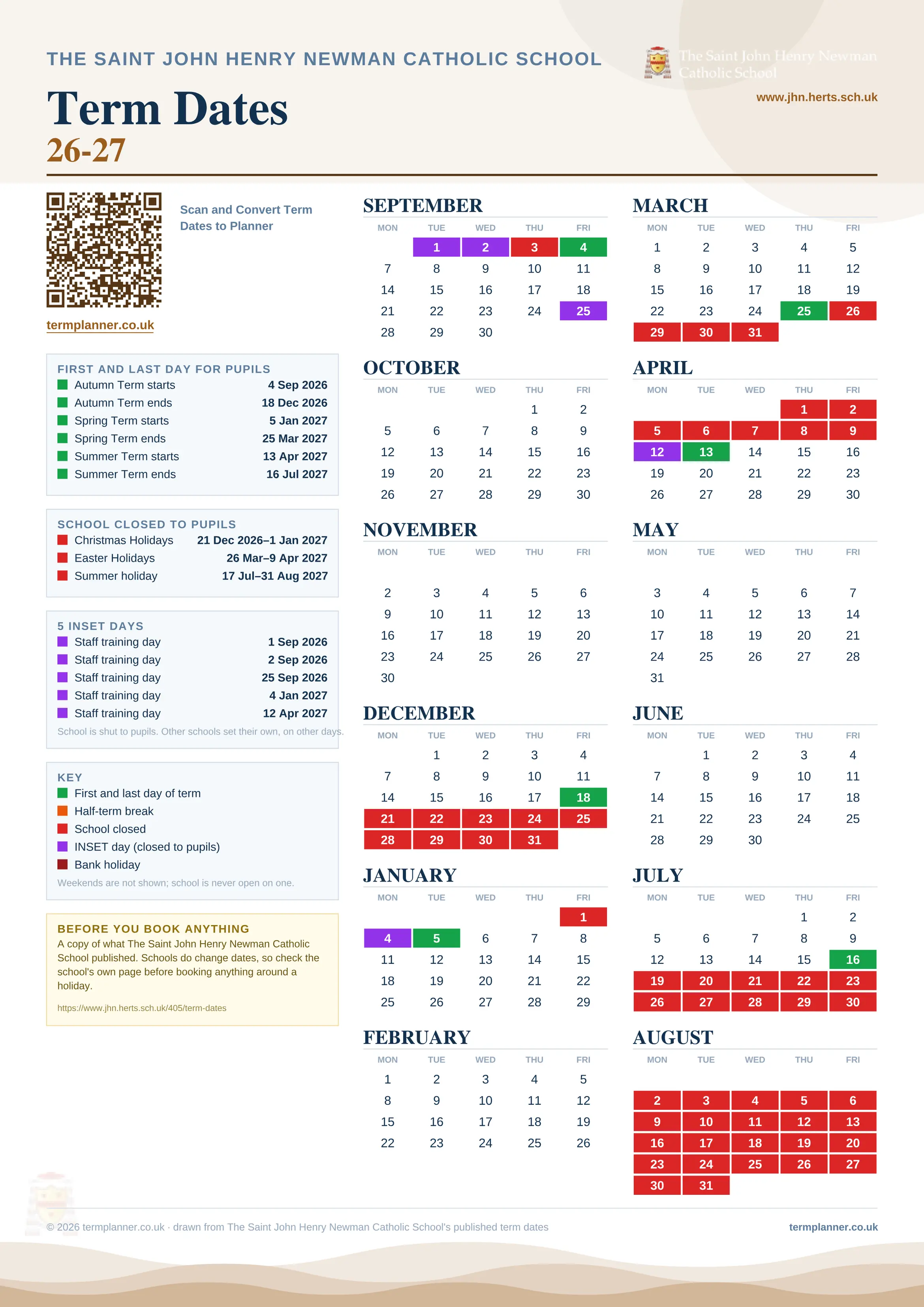 The Saint John Henry Newman Catholic School’s 2026/27 school year drawn as one sheet: twelve month grids from September to August, Monday to Friday, with autumn term 4 September to 18 December 2026, spring term 5 January to 25 March 2027, summer term 13 April to 16 July 2027. Half terms, holidays and bank holidays are filled in colour, the first and last day of each term is marked, 5 INSET days are picked out, and every date is listed again in words down the left.