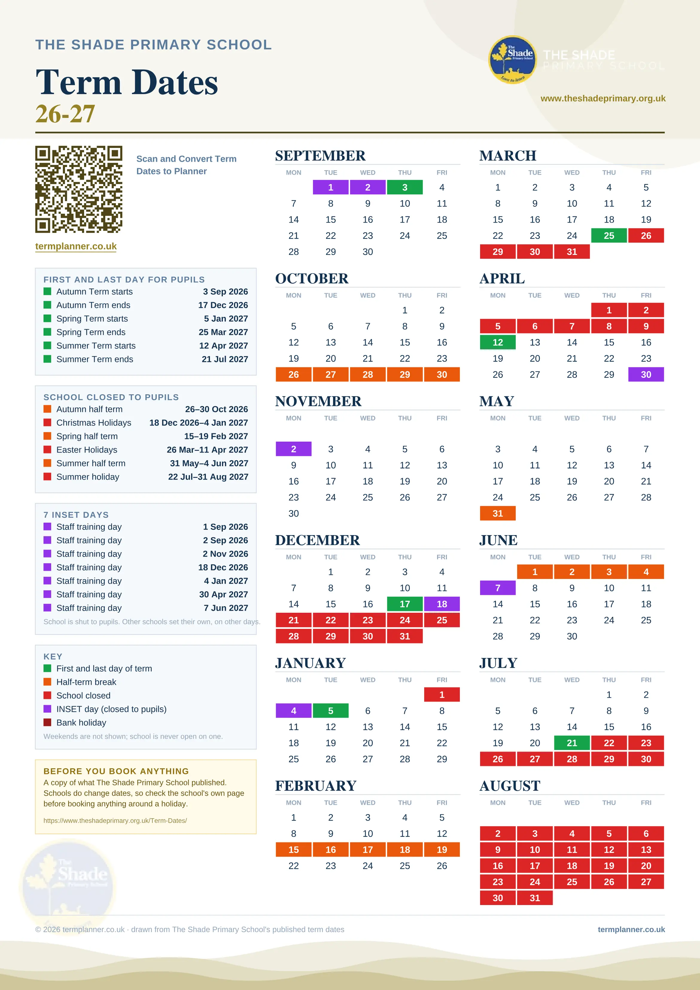 The Shade Primary School’s 2026/27 school year drawn as one sheet: twelve month grids from September to August, Monday to Friday, with autumn term 3 September to 17 December 2026, spring term 5 January to 25 March 2027, summer term 12 April to 21 July 2027. Half terms, holidays and bank holidays are filled in colour, the first and last day of each term is marked, 7 INSET days are picked out, and every date is listed again in words down the left.