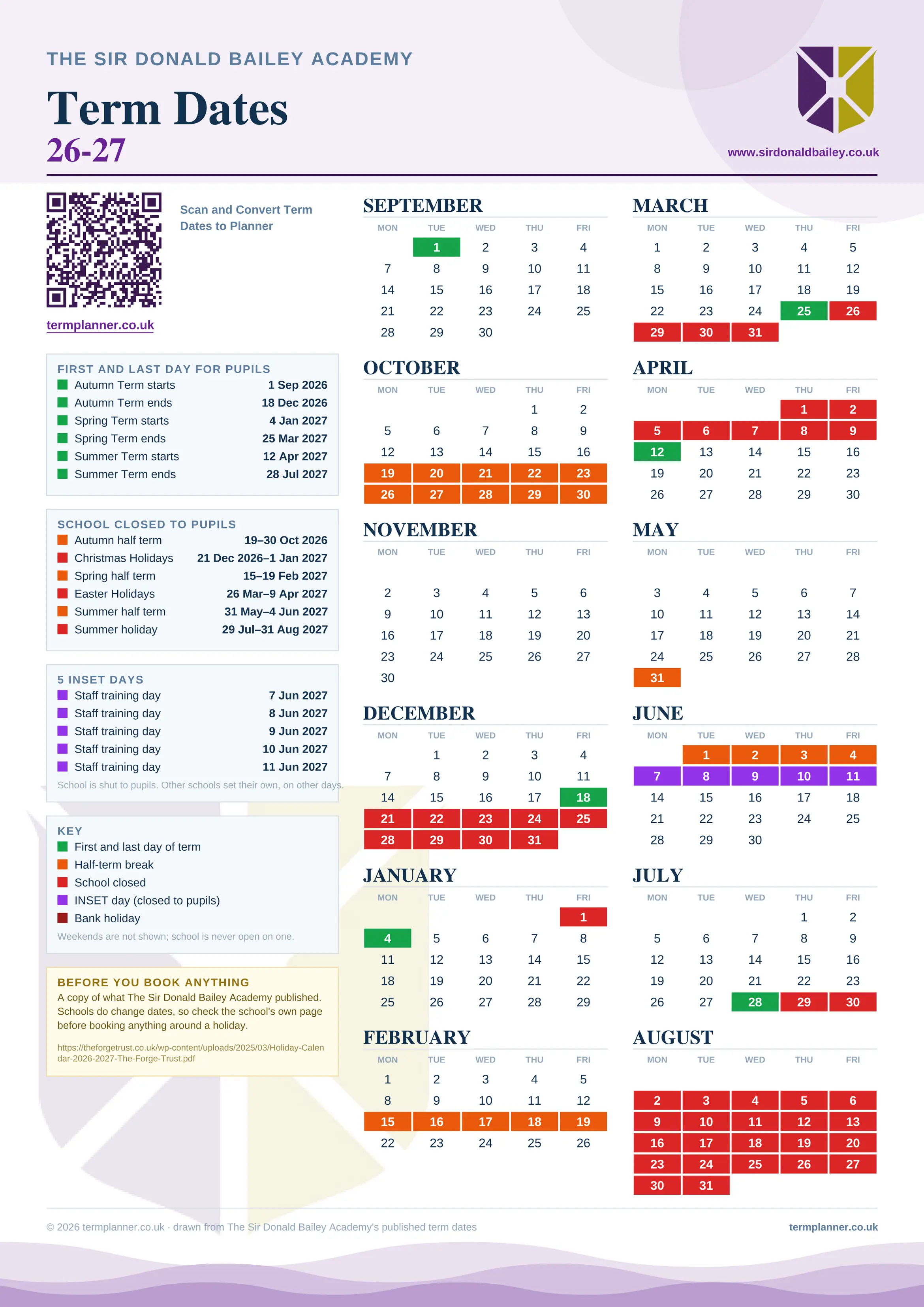 The Sir Donald Bailey Academy’s 2026/27 school year drawn as one sheet: twelve month grids from September to August, Monday to Friday, with autumn term 1 September to 18 December 2026, spring term 4 January to 25 March 2027, summer term 12 April to 28 July 2027. Half terms, holidays and bank holidays are filled in colour, the first and last day of each term is marked, 5 INSET days are picked out, and every date is listed again in words down the left.