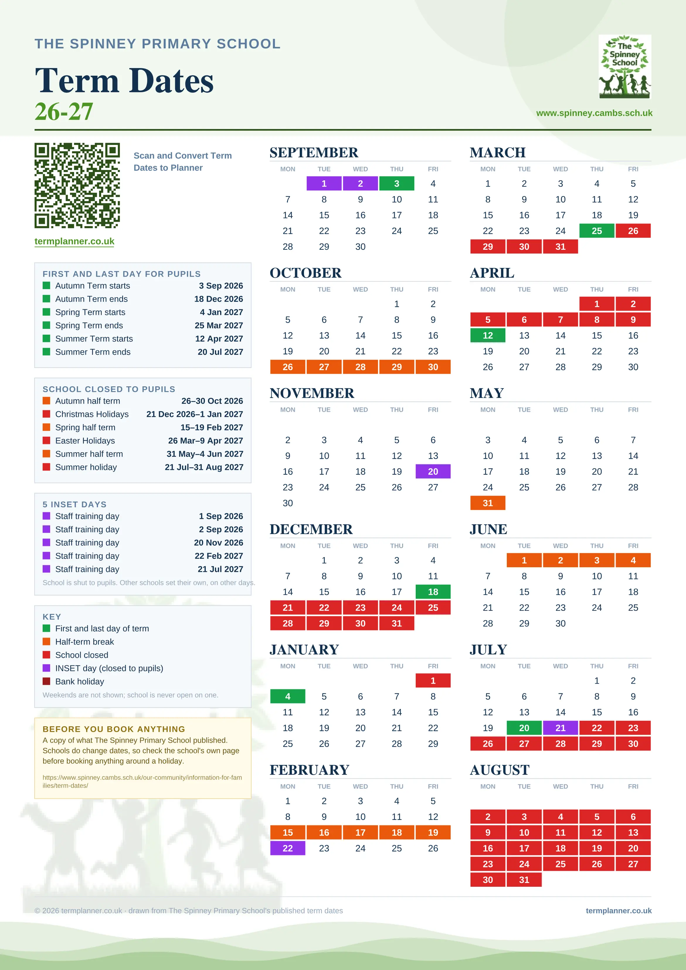 The Spinney Primary School’s 2026/27 school year drawn as one sheet: twelve month grids from September to August, Monday to Friday, with autumn term 3 September to 18 December 2026, spring term 4 January to 25 March 2027, summer term 12 April to 20 July 2027. Half terms, holidays and bank holidays are filled in colour, the first and last day of each term is marked, 5 INSET days are picked out, and every date is listed again in words down the left.