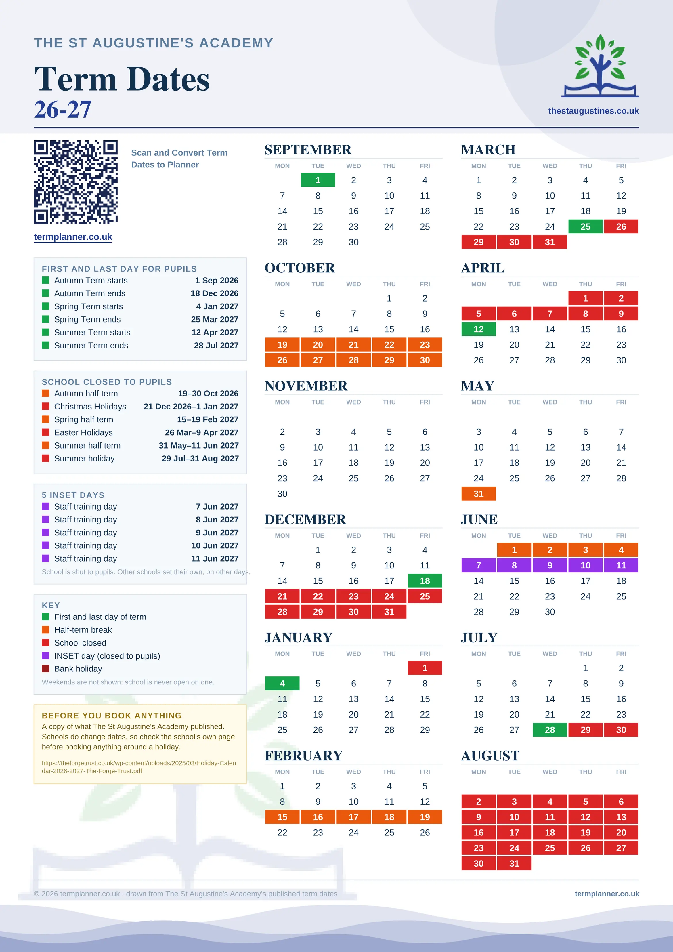 The St Augustine's Academy’s 2026/27 school year drawn as one sheet: twelve month grids from September to August, Monday to Friday, with autumn term 1 September to 18 December 2026, spring term 4 January to 25 March 2027, summer term 12 April to 28 July 2027. Half terms, holidays and bank holidays are filled in colour, the first and last day of each term is marked, 5 INSET days are picked out, and every date is listed again in words down the left.