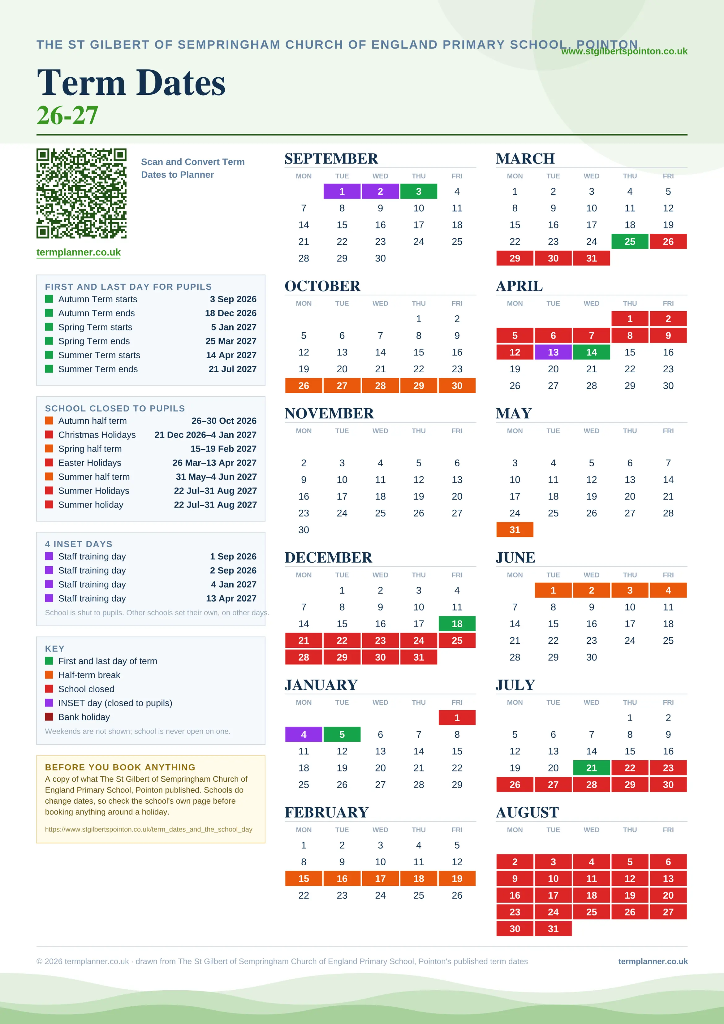 The St Gilbert of Sempringham Church of England Primary School, Pointon’s 2026/27 school year drawn as one sheet: twelve month grids from September to August, Monday to Friday, with autumn term 3 September to 18 December 2026, spring term 5 January to 25 March 2027, summer term 14 April to 21 July 2027. Half terms, holidays and bank holidays are filled in colour, the first and last day of each term is marked, 4 INSET days are picked out, and every date is listed again in words down the left.