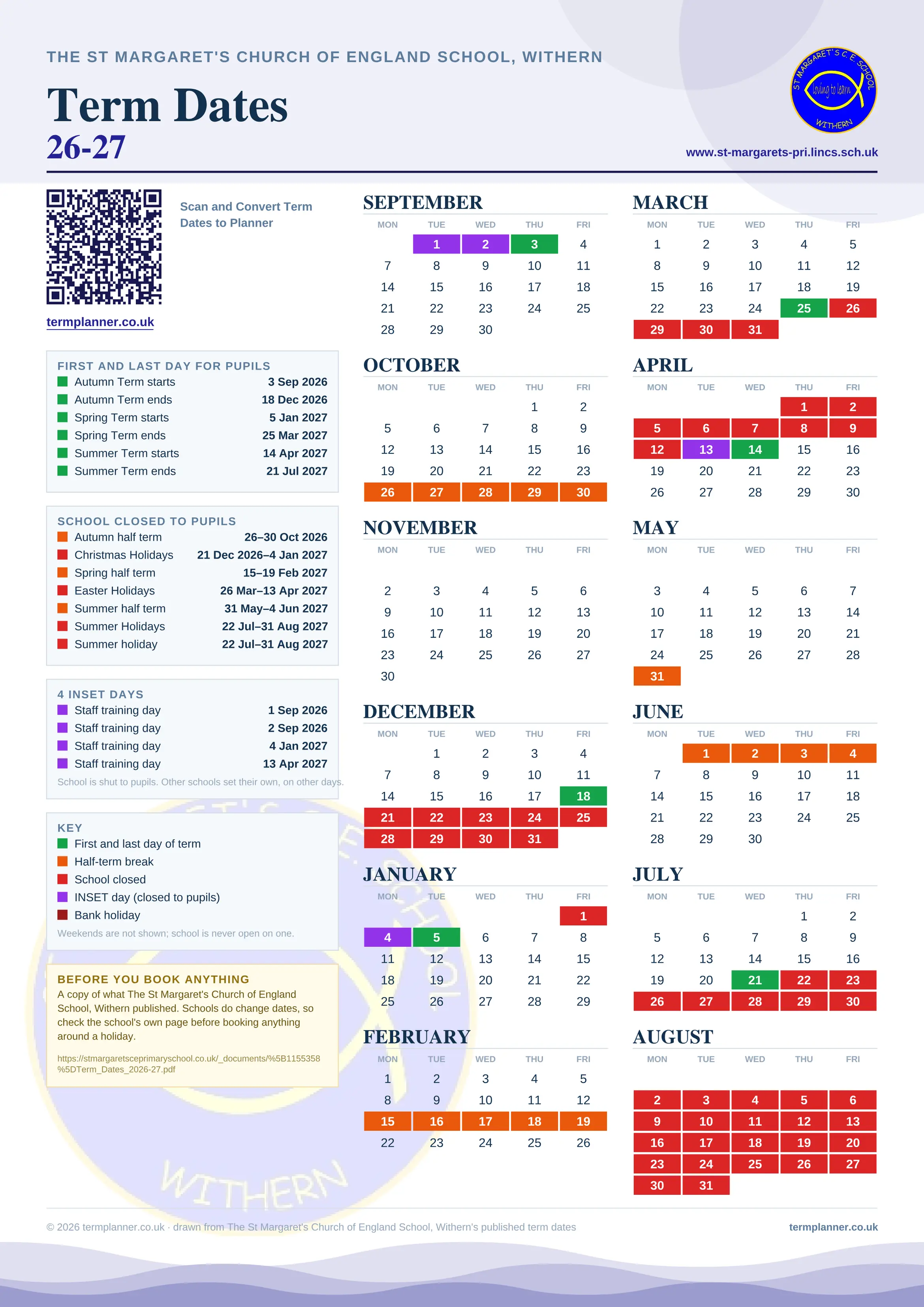 The St Margaret's Church of England School, Withern’s 2026/27 school year drawn as one sheet: twelve month grids from September to August, Monday to Friday, with autumn term 3 September to 18 December 2026, spring term 5 January to 25 March 2027, summer term 14 April to 21 July 2027. Half terms, holidays and bank holidays are filled in colour, the first and last day of each term is marked, 4 INSET days are picked out, and every date is listed again in words down the left.