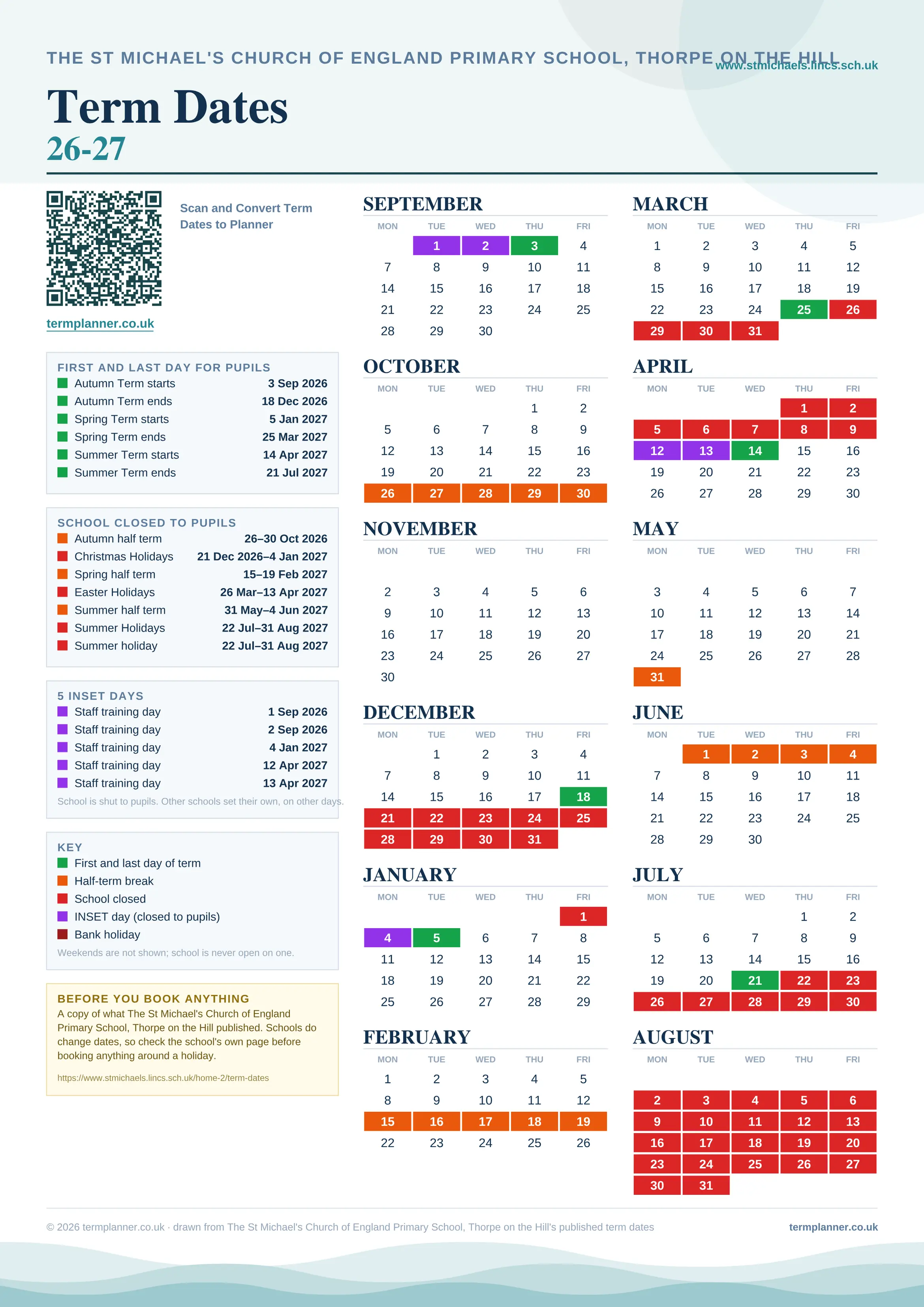 The St Michael's Church of England Primary School, Thorpe on the Hill’s 2026/27 school year drawn as one sheet: twelve month grids from September to August, Monday to Friday, with autumn term 3 September to 18 December 2026, spring term 5 January to 25 March 2027, summer term 14 April to 21 July 2027. Half terms, holidays and bank holidays are filled in colour, the first and last day of each term is marked, 5 INSET days are picked out, and every date is listed again in words down the left.