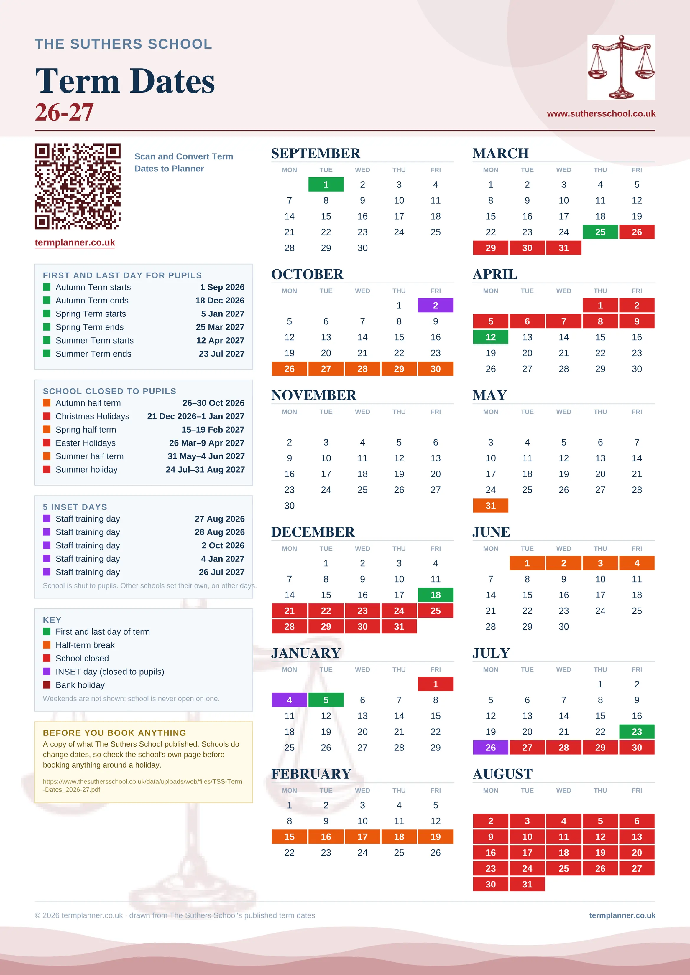 The Suthers School’s 2026/27 school year drawn as one sheet: twelve month grids from September to August, Monday to Friday, with autumn term 1 September to 18 December 2026, spring term 5 January to 25 March 2027, summer term 12 April to 23 July 2027. Half terms, holidays and bank holidays are filled in colour, the first and last day of each term is marked, 5 INSET days are picked out, and every date is listed again in words down the left.