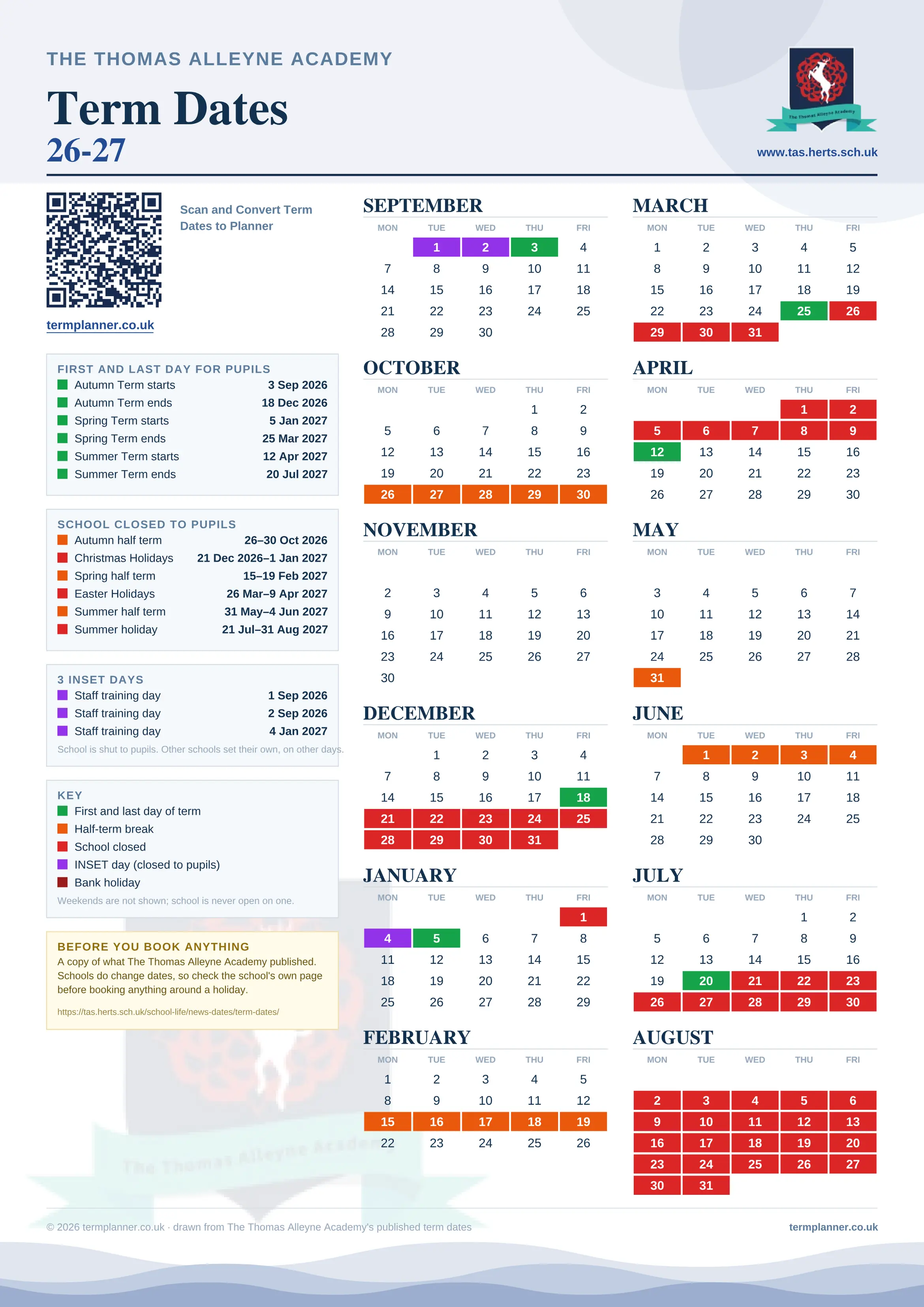 The Thomas Alleyne Academy’s 2026/27 school year drawn as one sheet: twelve month grids from September to August, Monday to Friday, with autumn term 3 September to 18 December 2026, spring term 5 January to 25 March 2027, summer term 12 April to 20 July 2027. Half terms, holidays and bank holidays are filled in colour, the first and last day of each term is marked, 3 INSET days are picked out, and every date is listed again in words down the left.