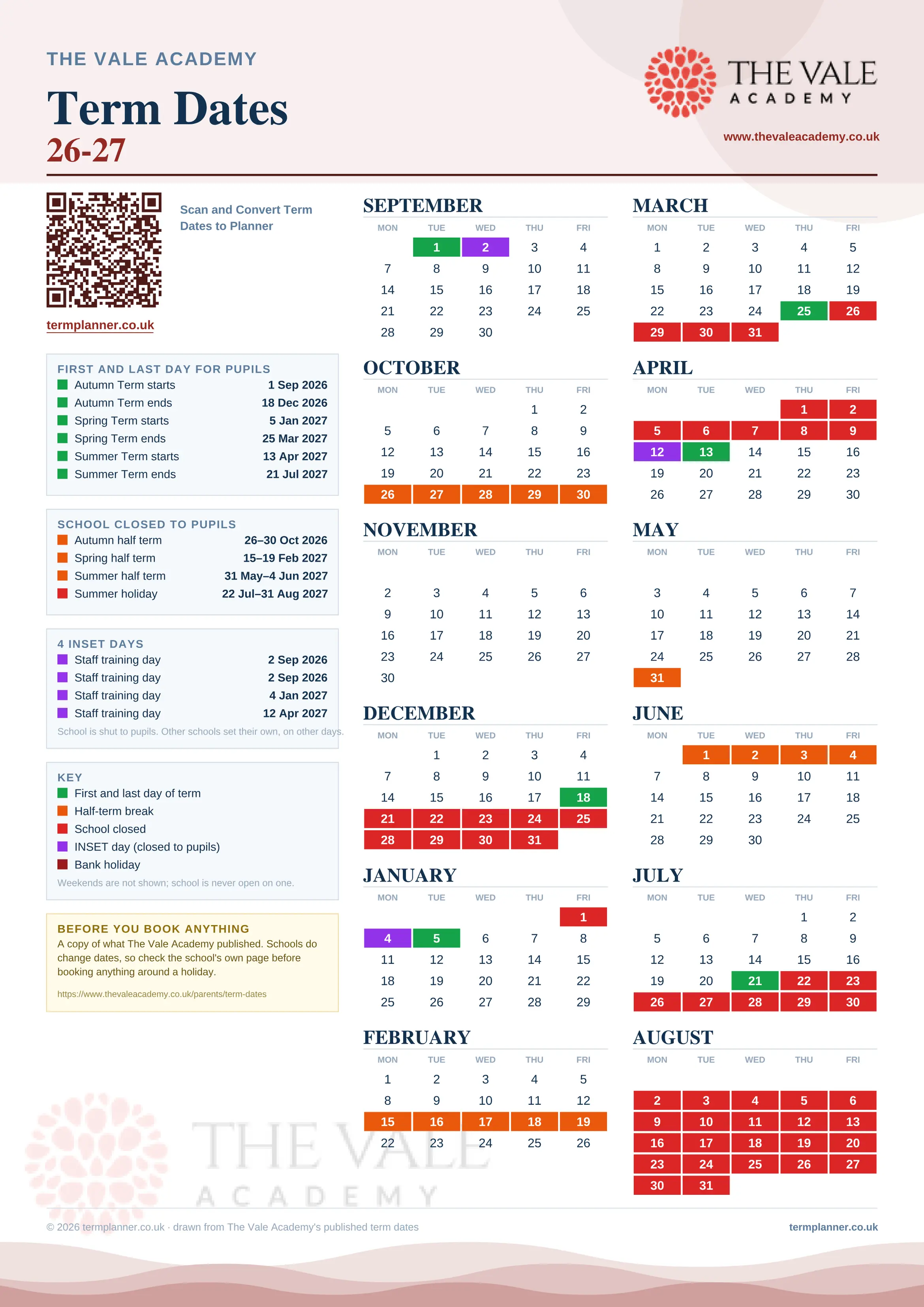 The Vale Academy’s 2026/27 school year drawn as one sheet: twelve month grids from September to August, Monday to Friday, with autumn term 1 September to 18 December 2026, spring term 5 January to 25 March 2027, summer term 13 April to 21 July 2027. Half terms, holidays and bank holidays are filled in colour, the first and last day of each term is marked, 4 INSET days are picked out, and every date is listed again in words down the left.