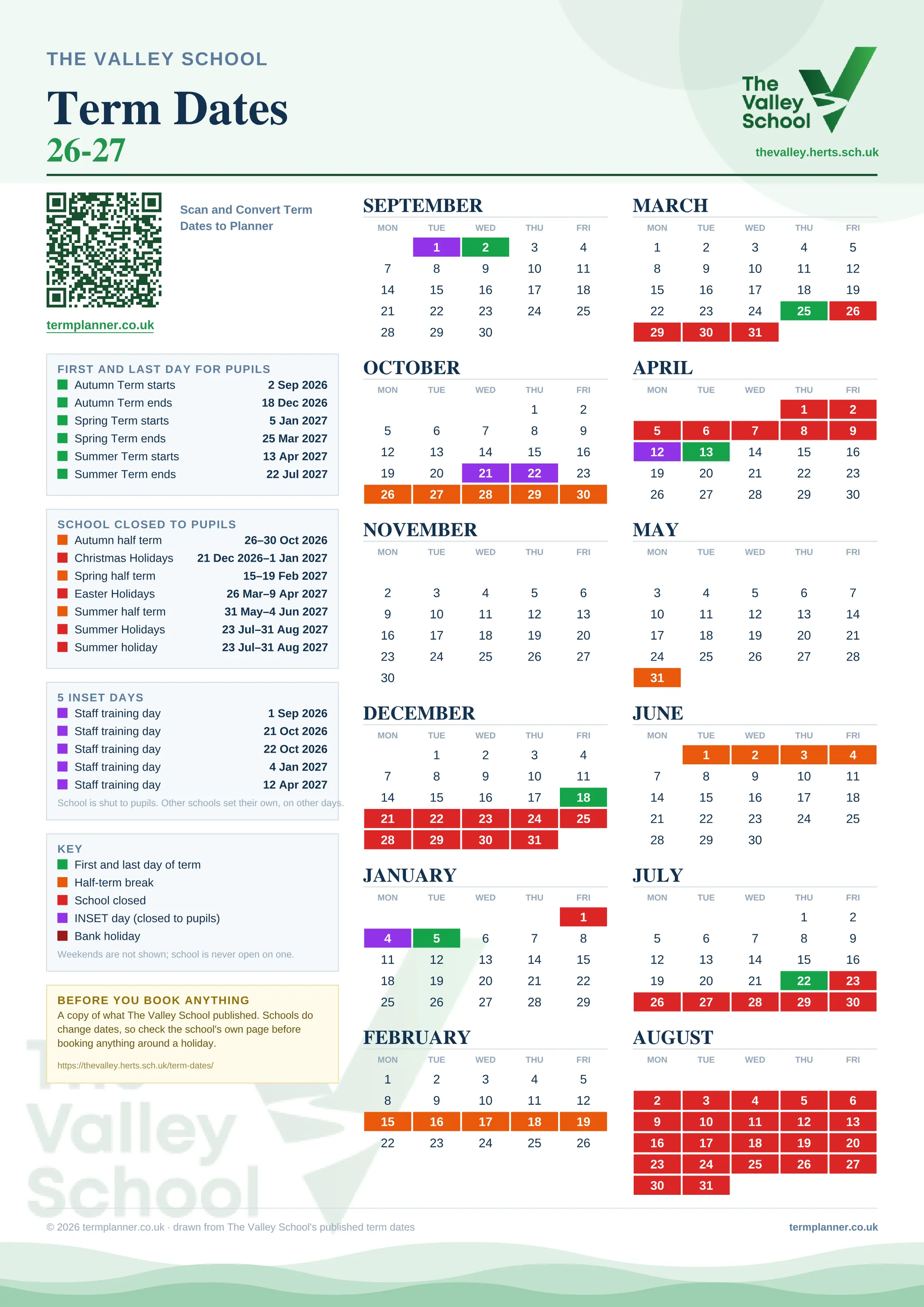 The Valley School’s 2026/27 school year drawn as one sheet: twelve month grids from September to August, Monday to Friday, with autumn term 2 September to 18 December 2026, spring term 5 January to 25 March 2027, summer term 13 April to 22 July 2027. Half terms, holidays and bank holidays are filled in colour, the first and last day of each term is marked, 5 INSET days are picked out, and every date is listed again in words down the left.