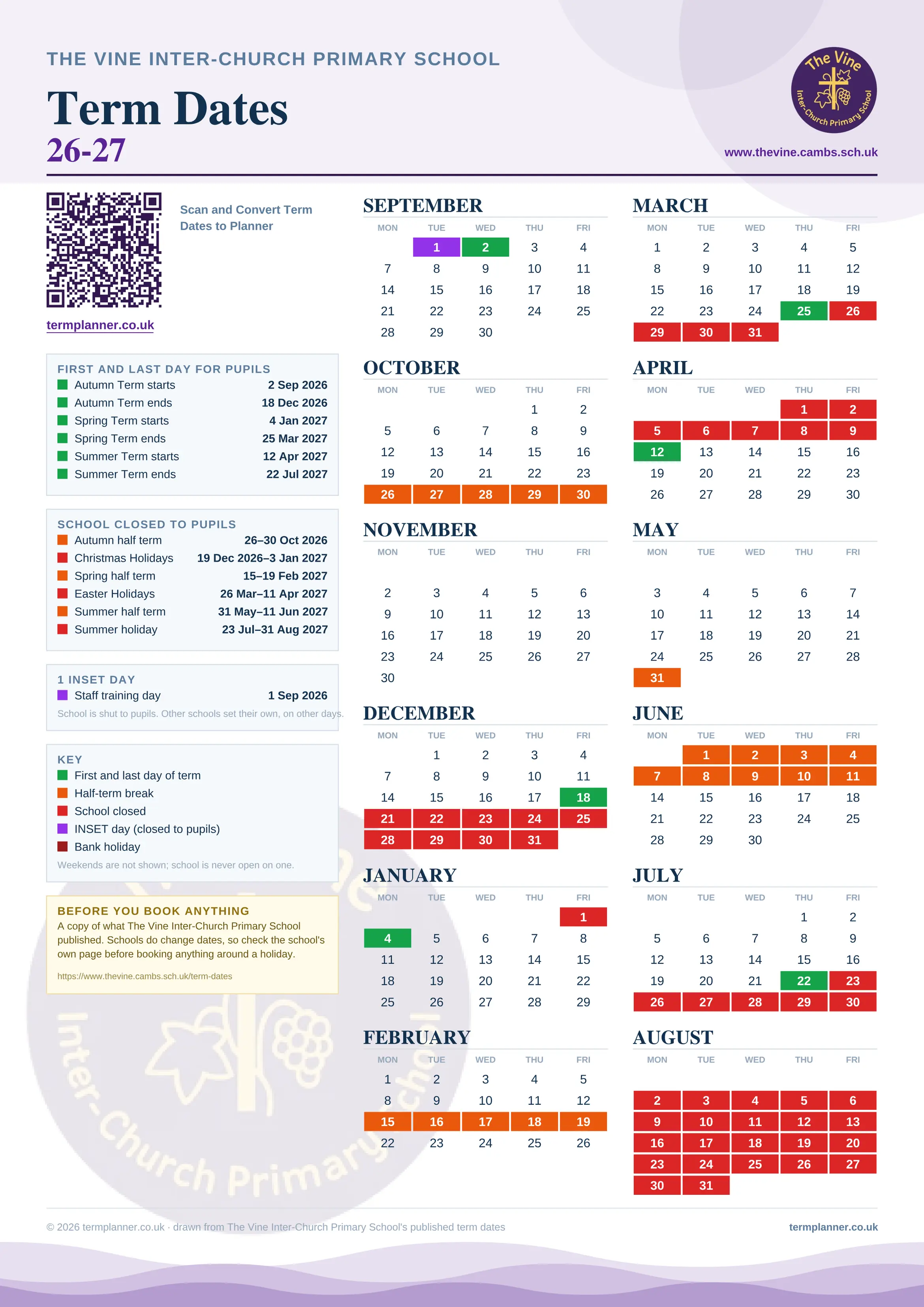The Vine Inter-Church Primary School’s 2026/27 school year drawn as one sheet: twelve month grids from September to August, Monday to Friday, with autumn term 2 September to 18 December 2026, spring term 4 January to 25 March 2027, summer term 12 April to 22 July 2027. Half terms, holidays and bank holidays are filled in colour, the first and last day of each term is marked, 1 INSET day is picked out, and every date is listed again in words down the left.