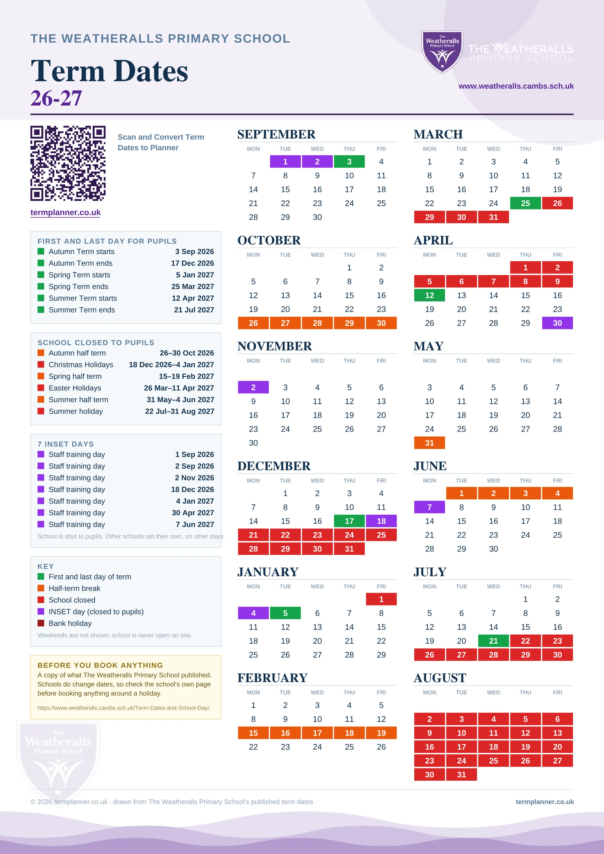 The Weatheralls Primary School’s 2026/27 school year drawn as one sheet: twelve month grids from September to August, Monday to Friday, with autumn term 3 September to 17 December 2026, spring term 5 January to 25 March 2027, summer term 12 April to 21 July 2027. Half terms, holidays and bank holidays are filled in colour, the first and last day of each term is marked, 7 INSET days are picked out, and every date is listed again in words down the left.