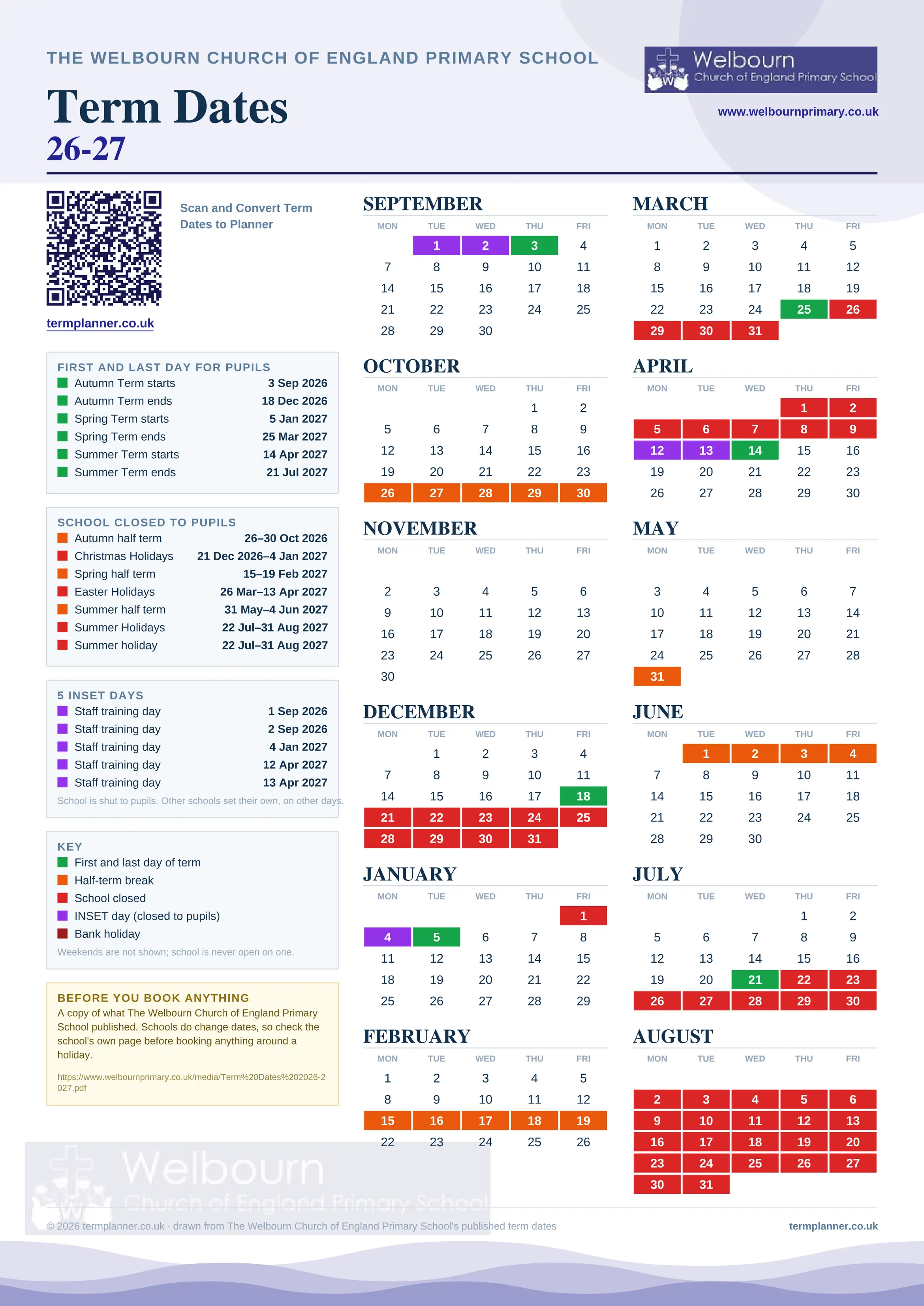 The Welbourn Church of England Primary School’s 2026/27 school year drawn as one sheet: twelve month grids from September to August, Monday to Friday, with autumn term 3 September to 18 December 2026, spring term 5 January to 25 March 2027, summer term 14 April to 21 July 2027. Half terms, holidays and bank holidays are filled in colour, the first and last day of each term is marked, 5 INSET days are picked out, and every date is listed again in words down the left.