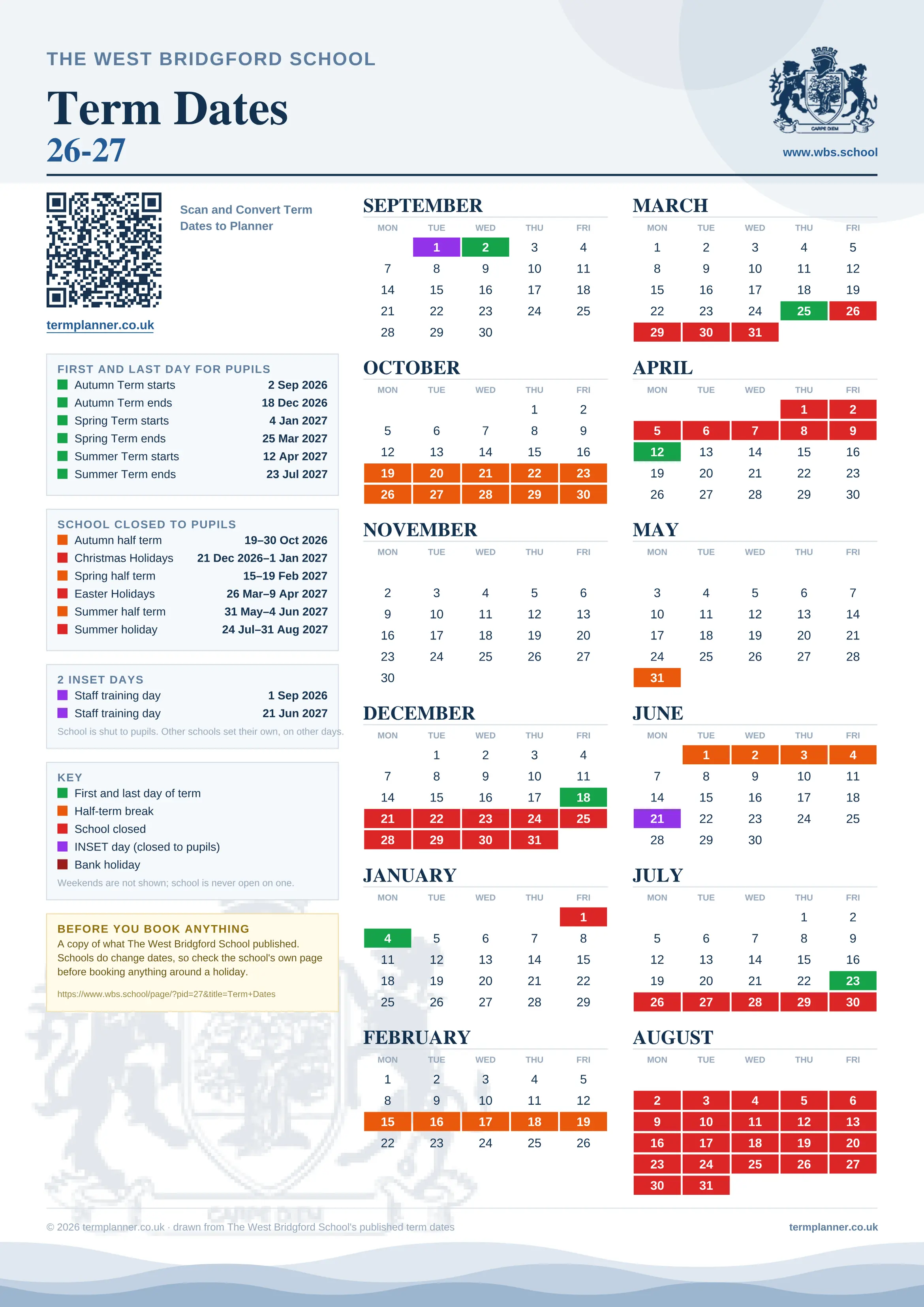 The West Bridgford School’s 2026/27 school year drawn as one sheet: twelve month grids from September to August, Monday to Friday, with autumn term 2 September to 18 December 2026, spring term 4 January to 25 March 2027, summer term 12 April to 23 July 2027. Half terms, holidays and bank holidays are filled in colour, the first and last day of each term is marked, 2 INSET days are picked out, and every date is listed again in words down the left.