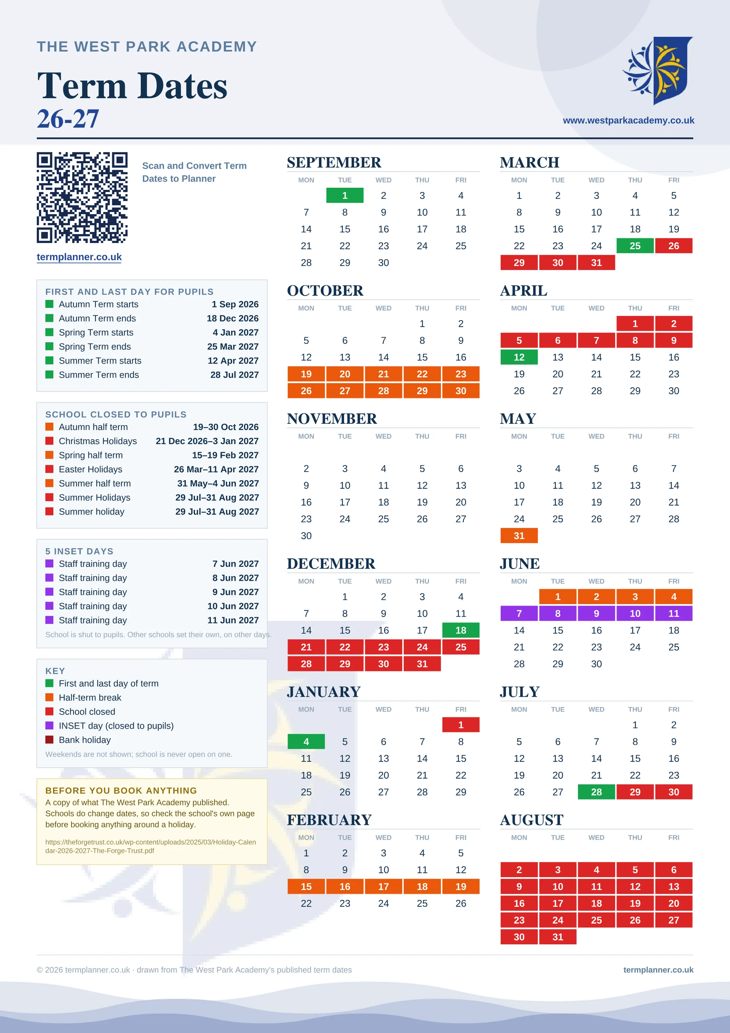 The West Park Academy’s 2026/27 school year drawn as one sheet: twelve month grids from September to August, Monday to Friday, with autumn term 1 September to 18 December 2026, spring term 4 January to 25 March 2027, summer term 12 April to 28 July 2027. Half terms, holidays and bank holidays are filled in colour, the first and last day of each term is marked, 5 INSET days are picked out, and every date is listed again in words down the left.