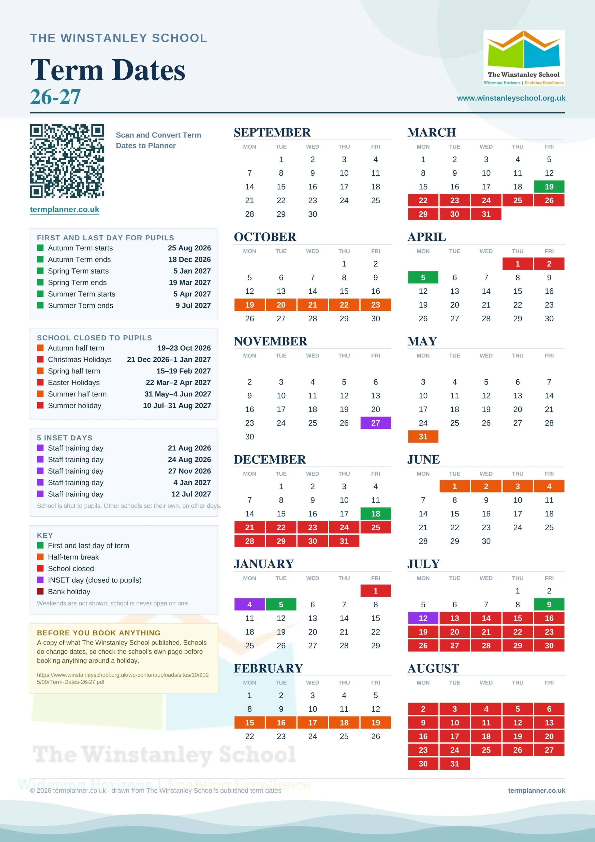 The Winstanley School’s 2026/27 school year drawn as one sheet: twelve month grids from September to August, Monday to Friday, with autumn term 25 August to 18 December 2026, spring term 5 January to 19 March 2027, summer term 5 April to 9 July 2027. Half terms, holidays and bank holidays are filled in colour, the first and last day of each term is marked, 5 INSET days are picked out, and every date is listed again in words down the left.