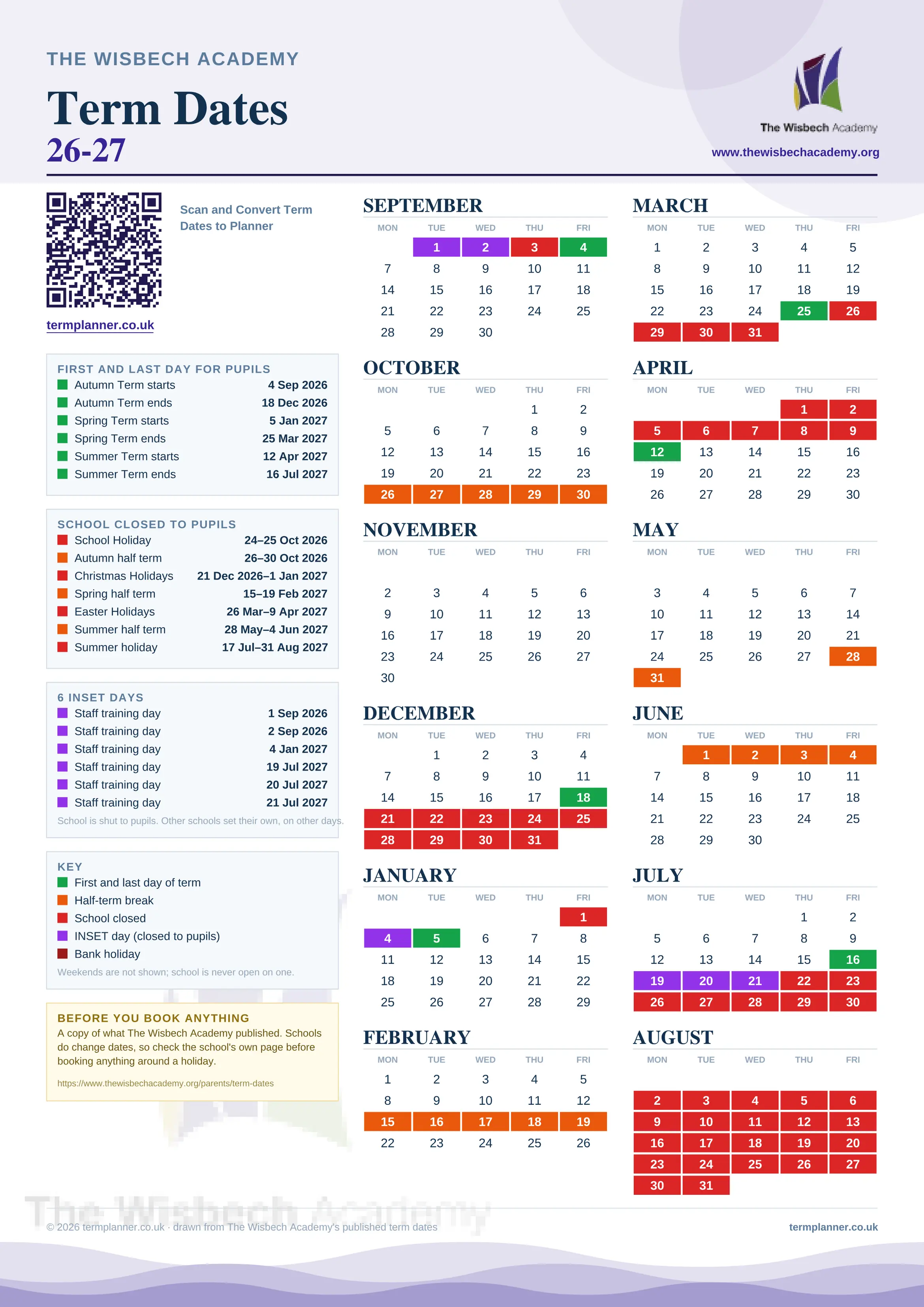 The Wisbech Academy’s 2026/27 school year drawn as one sheet: twelve month grids from September to August, Monday to Friday, with autumn term 4 September to 18 December 2026, spring term 5 January to 25 March 2027, summer term 12 April to 16 July 2027. Half terms, holidays and bank holidays are filled in colour, the first and last day of each term is marked, 6 INSET days are picked out, and every date is listed again in words down the left.