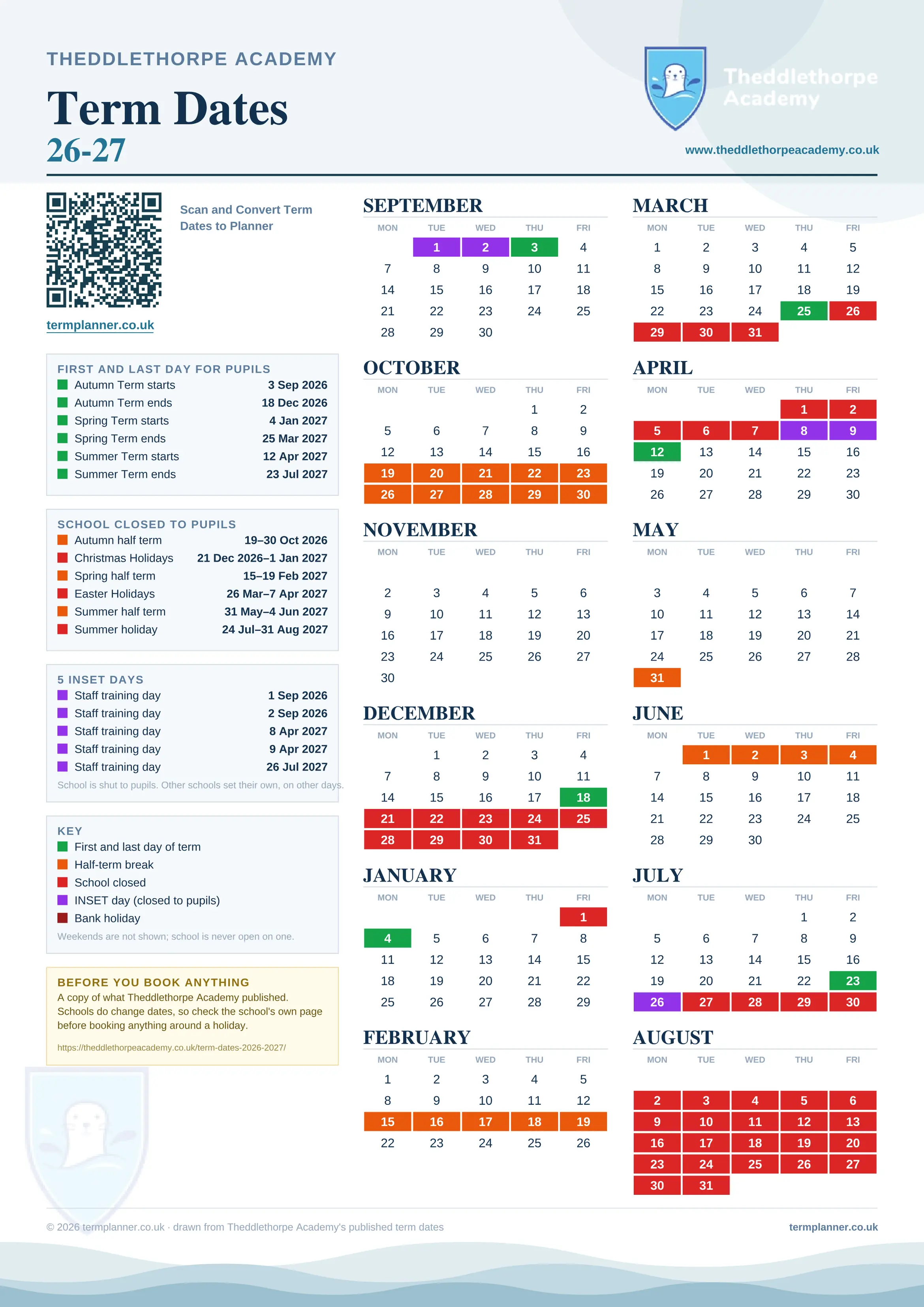 Theddlethorpe Academy’s 2026/27 school year drawn as one sheet: twelve month grids from September to August, Monday to Friday, with autumn term 3 September to 18 December 2026, spring term 4 January to 25 March 2027, summer term 12 April to 23 July 2027. Half terms, holidays and bank holidays are filled in colour, the first and last day of each term is marked, 5 INSET days are picked out, and every date is listed again in words down the left.