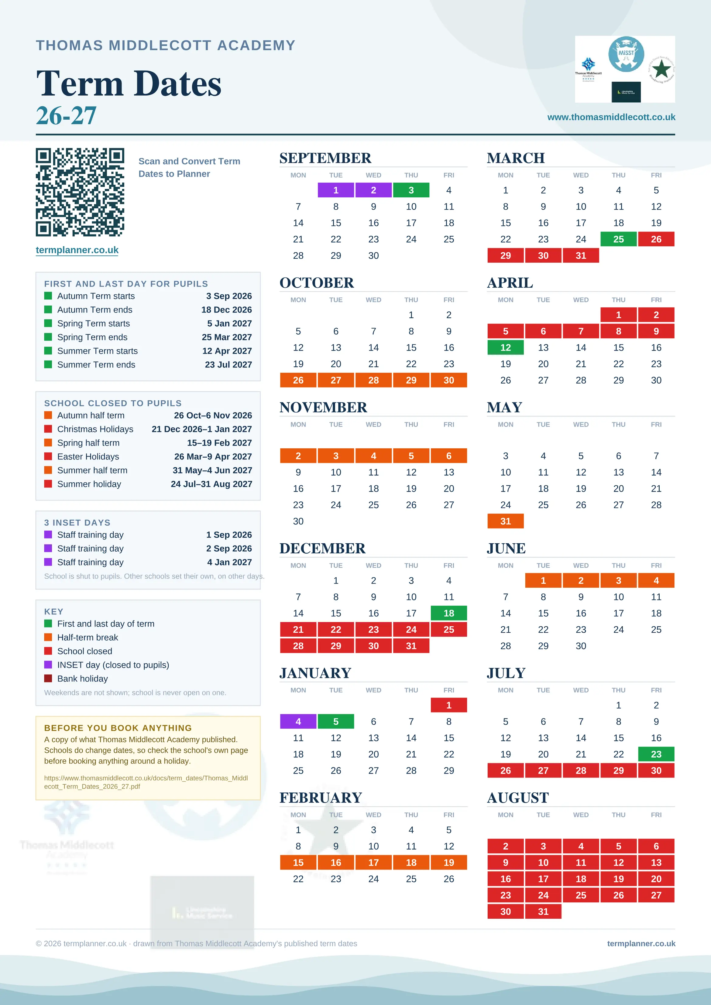 Thomas Middlecott Academy’s 2026/27 school year drawn as one sheet: twelve month grids from September to August, Monday to Friday, with autumn term 3 September to 18 December 2026, spring term 5 January to 25 March 2027, summer term 12 April to 23 July 2027. Half terms, holidays and bank holidays are filled in colour, the first and last day of each term is marked, 3 INSET days are picked out, and every date is listed again in words down the left.