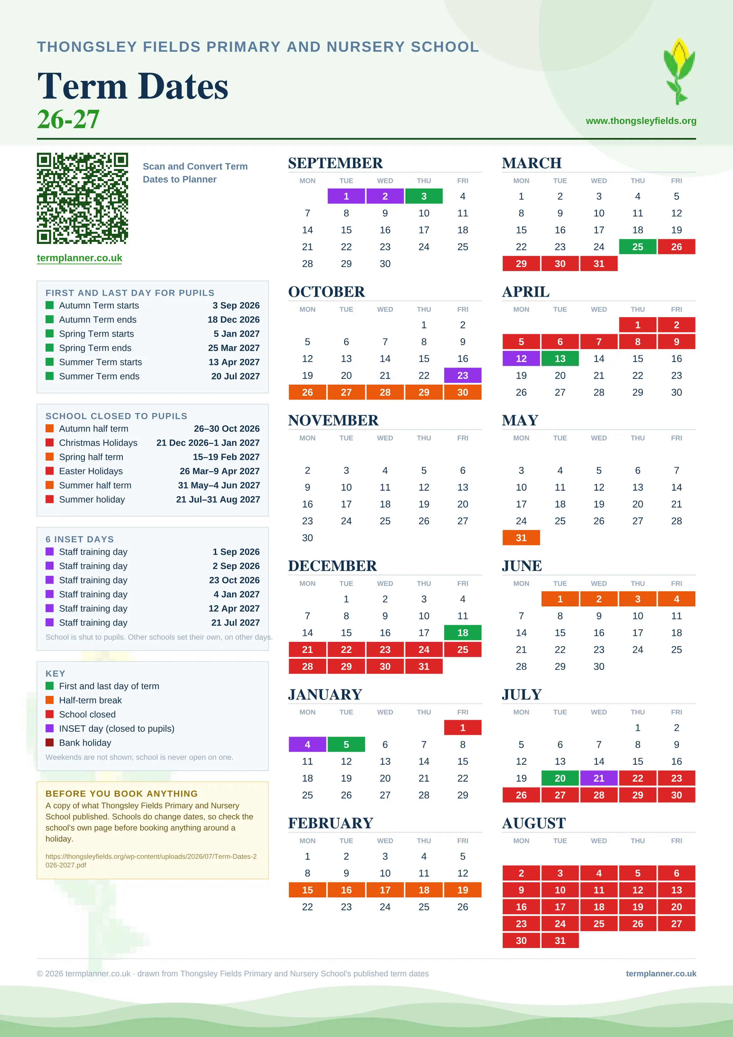 Thongsley Fields Primary and Nursery School’s 2026/27 school year drawn as one sheet: twelve month grids from September to August, Monday to Friday, with autumn term 3 September to 18 December 2026, spring term 5 January to 25 March 2027, summer term 13 April to 20 July 2027. Half terms, holidays and bank holidays are filled in colour, the first and last day of each term is marked, 6 INSET days are picked out, and every date is listed again in words down the left.