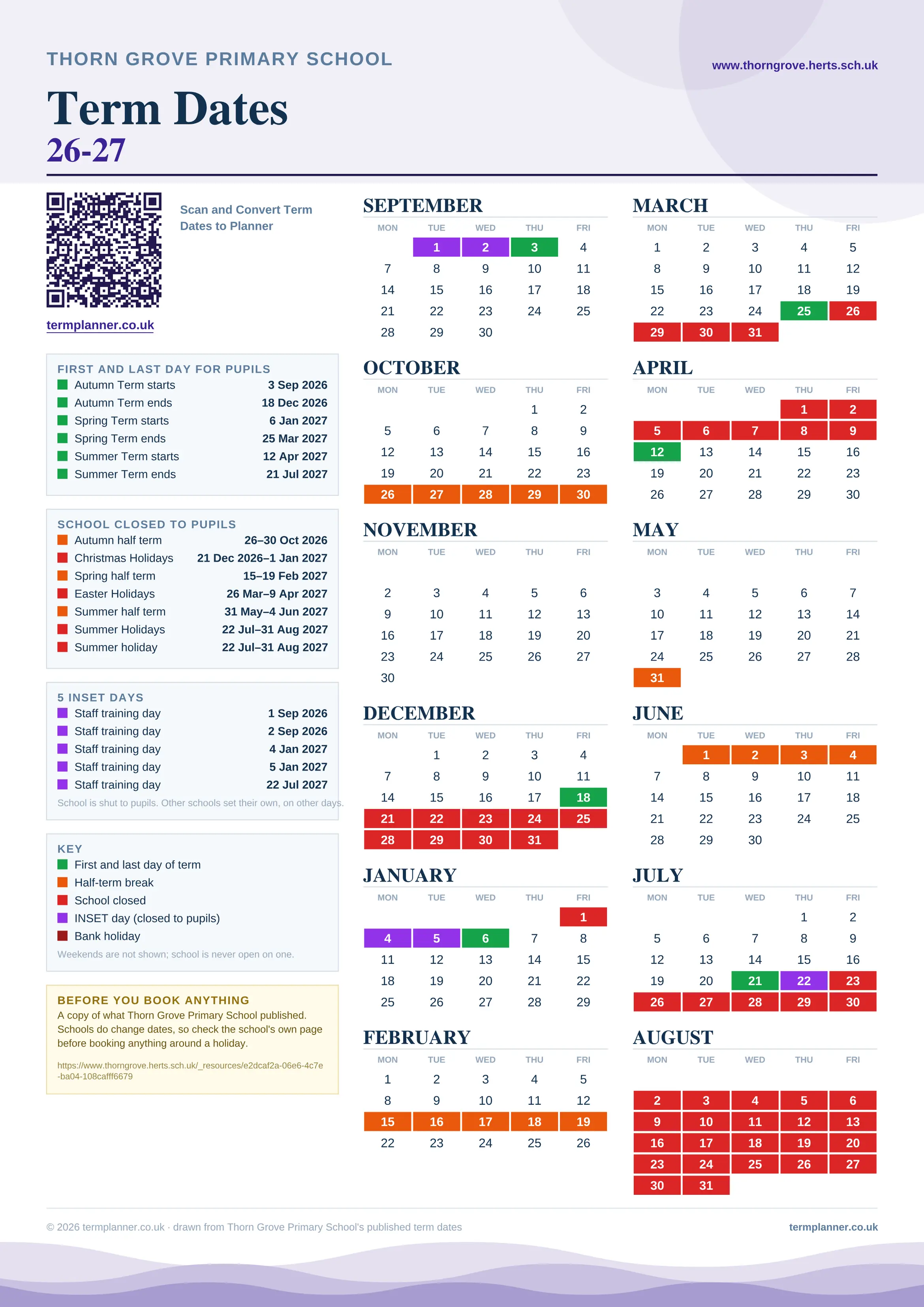 Thorn Grove Primary School’s 2026/27 school year drawn as one sheet: twelve month grids from September to August, Monday to Friday, with autumn term 3 September to 18 December 2026, spring term 6 January to 25 March 2027, summer term 12 April to 21 July 2027. Half terms, holidays and bank holidays are filled in colour, the first and last day of each term is marked, 5 INSET days are picked out, and every date is listed again in words down the left.