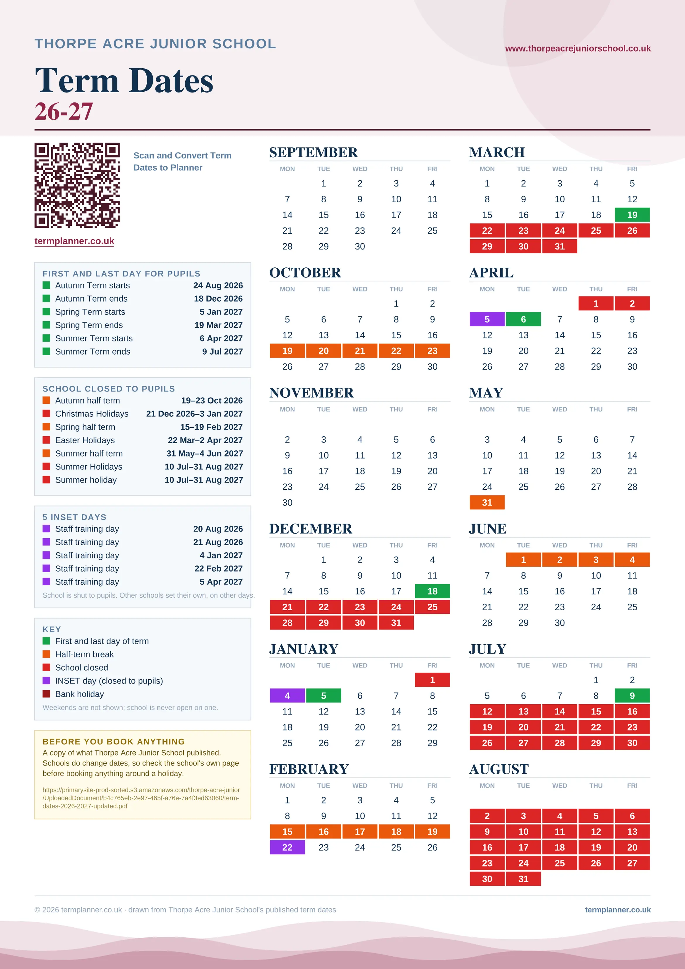 Thorpe Acre Junior School’s 2026/27 school year drawn as one sheet: twelve month grids from September to August, Monday to Friday, with autumn term 24 August to 18 December 2026, spring term 5 January to 19 March 2027, summer term 6 April to 9 July 2027. Half terms, holidays and bank holidays are filled in colour, the first and last day of each term is marked, 5 INSET days are picked out, and every date is listed again in words down the left.