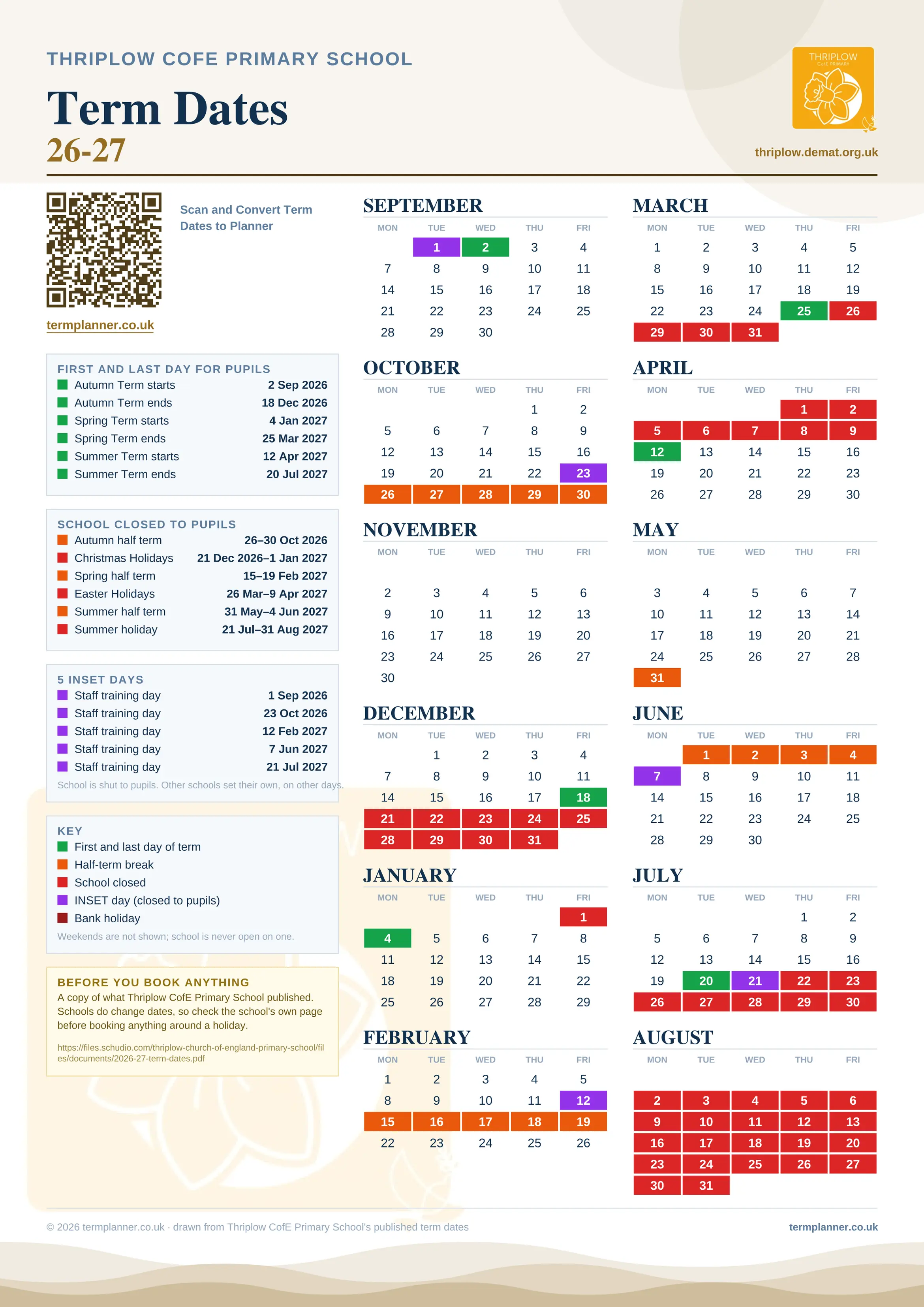 Thriplow CofE Primary School’s 2026/27 school year drawn as one sheet: twelve month grids from September to August, Monday to Friday, with autumn term 2 September to 18 December 2026, spring term 4 January to 25 March 2027, summer term 12 April to 20 July 2027. Half terms, holidays and bank holidays are filled in colour, the first and last day of each term is marked, 5 INSET days are picked out, and every date is listed again in words down the left.