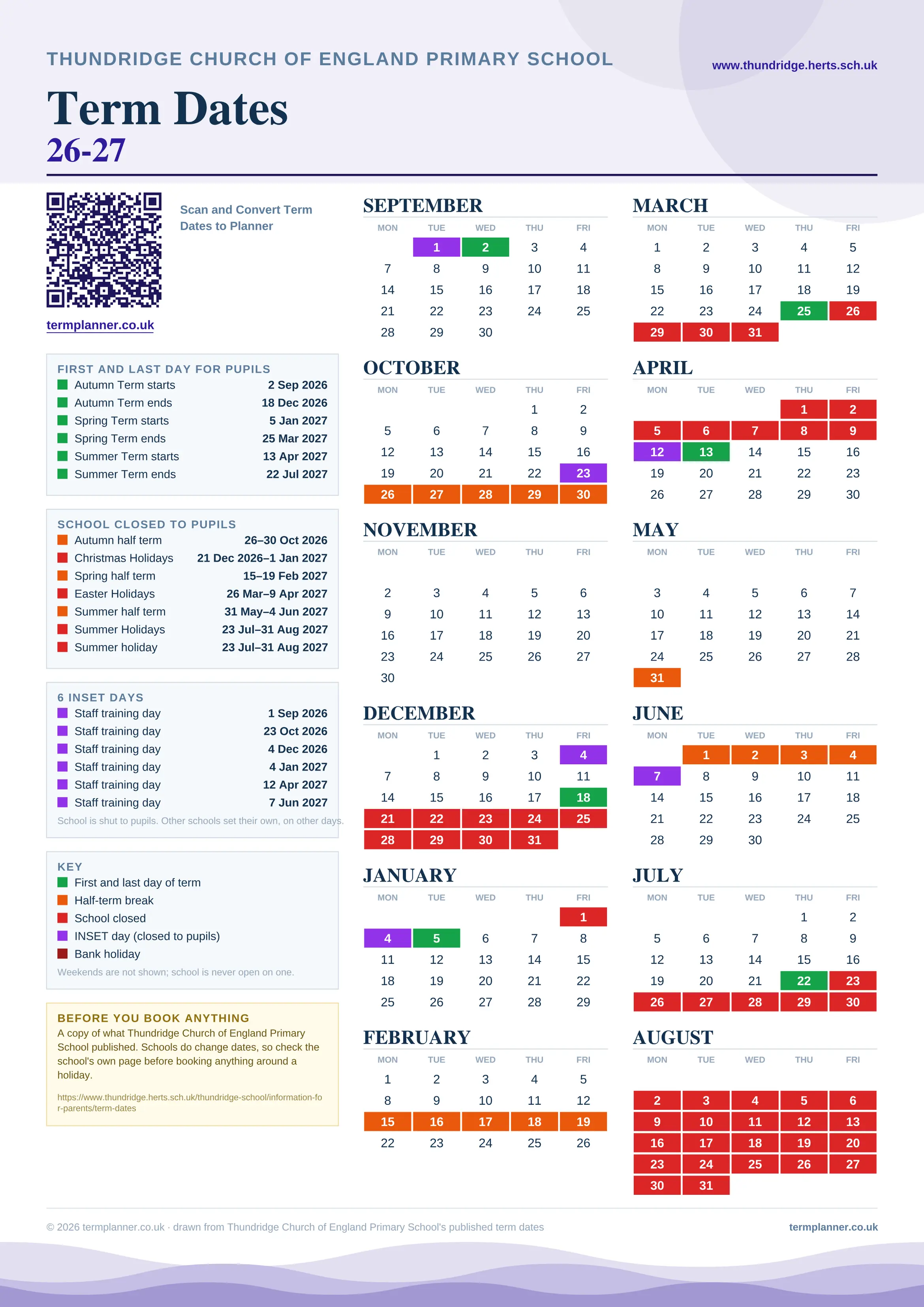 Thundridge Church of England Primary School’s 2026/27 school year drawn as one sheet: twelve month grids from September to August, Monday to Friday, with autumn term 2 September to 18 December 2026, spring term 5 January to 25 March 2027, summer term 13 April to 22 July 2027. Half terms, holidays and bank holidays are filled in colour, the first and last day of each term is marked, 6 INSET days are picked out, and every date is listed again in words down the left.