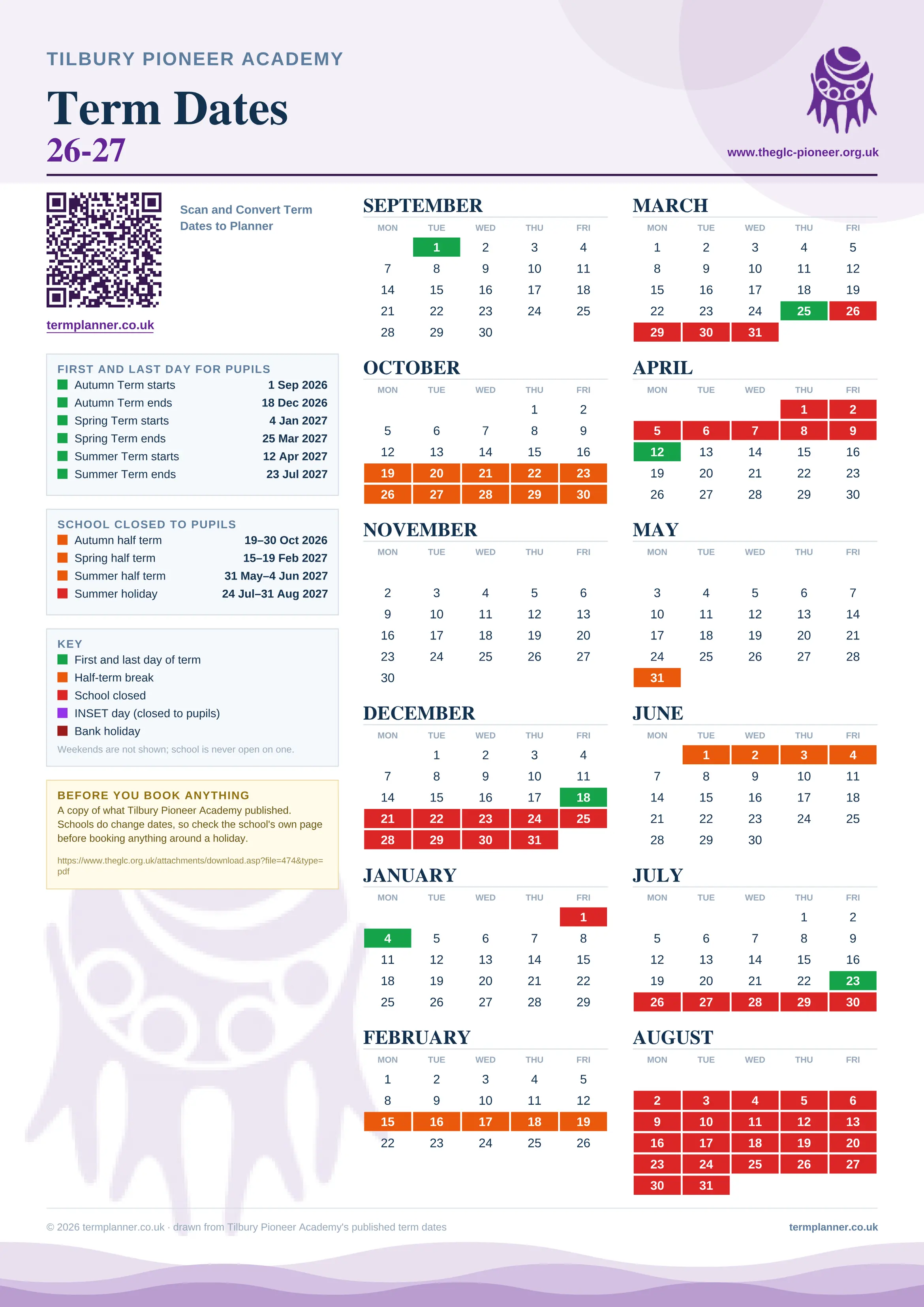 Tilbury Pioneer Academy’s 2026/27 school year drawn as one sheet: twelve month grids from September to August, Monday to Friday, with autumn term 1 September to 18 December 2026, spring term 4 January to 25 March 2027, summer term 12 April to 23 July 2027. Half terms, holidays and bank holidays are filled in colour, the first and last day of each term is marked, and every date is listed again in words down the left.