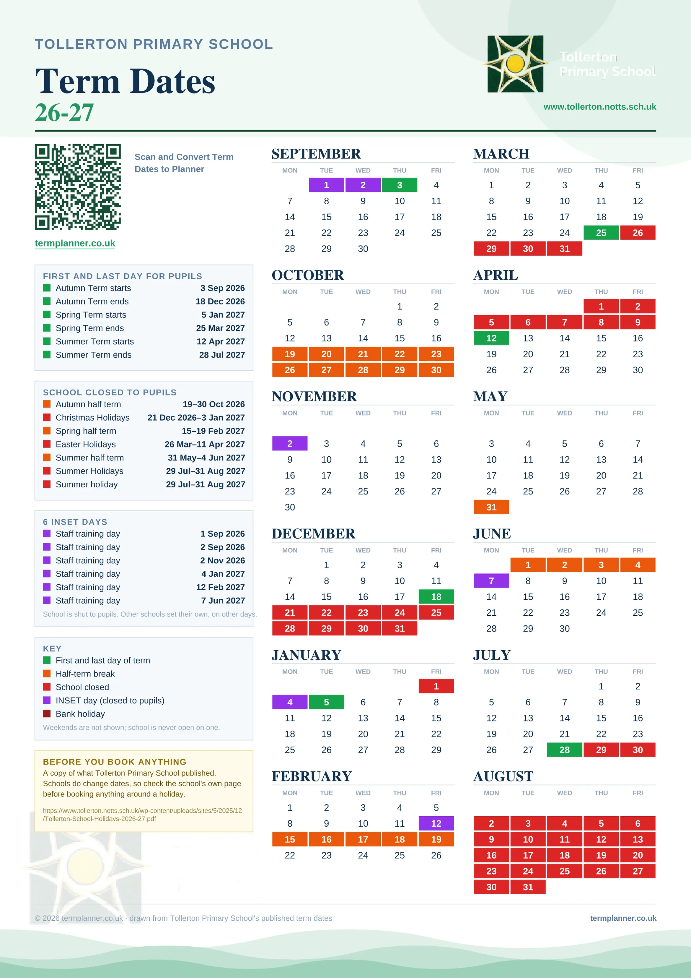 Tollerton Primary School’s 2026/27 school year drawn as one sheet: twelve month grids from September to August, Monday to Friday, with autumn term 3 September to 18 December 2026, spring term 5 January to 25 March 2027, summer term 12 April to 28 July 2027. Half terms, holidays and bank holidays are filled in colour, the first and last day of each term is marked, 6 INSET days are picked out, and every date is listed again in words down the left.