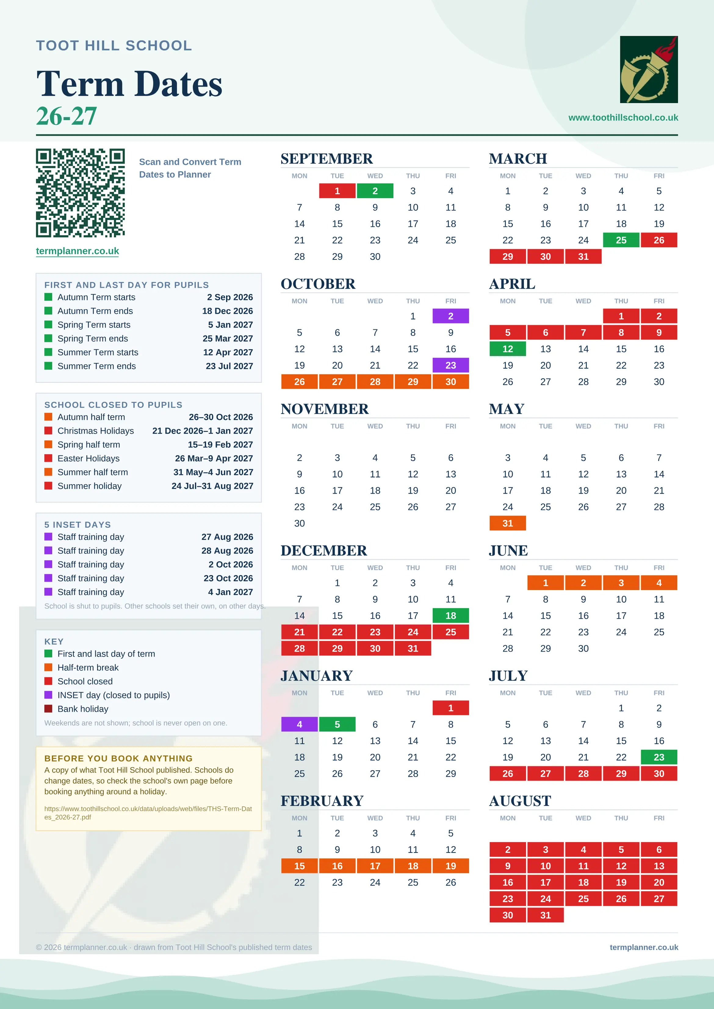 Toot Hill School’s 2026/27 school year drawn as one sheet: twelve month grids from September to August, Monday to Friday, with autumn term 2 September to 18 December 2026, spring term 5 January to 25 March 2027, summer term 12 April to 23 July 2027. Half terms, holidays and bank holidays are filled in colour, the first and last day of each term is marked, 5 INSET days are picked out, and every date is listed again in words down the left.