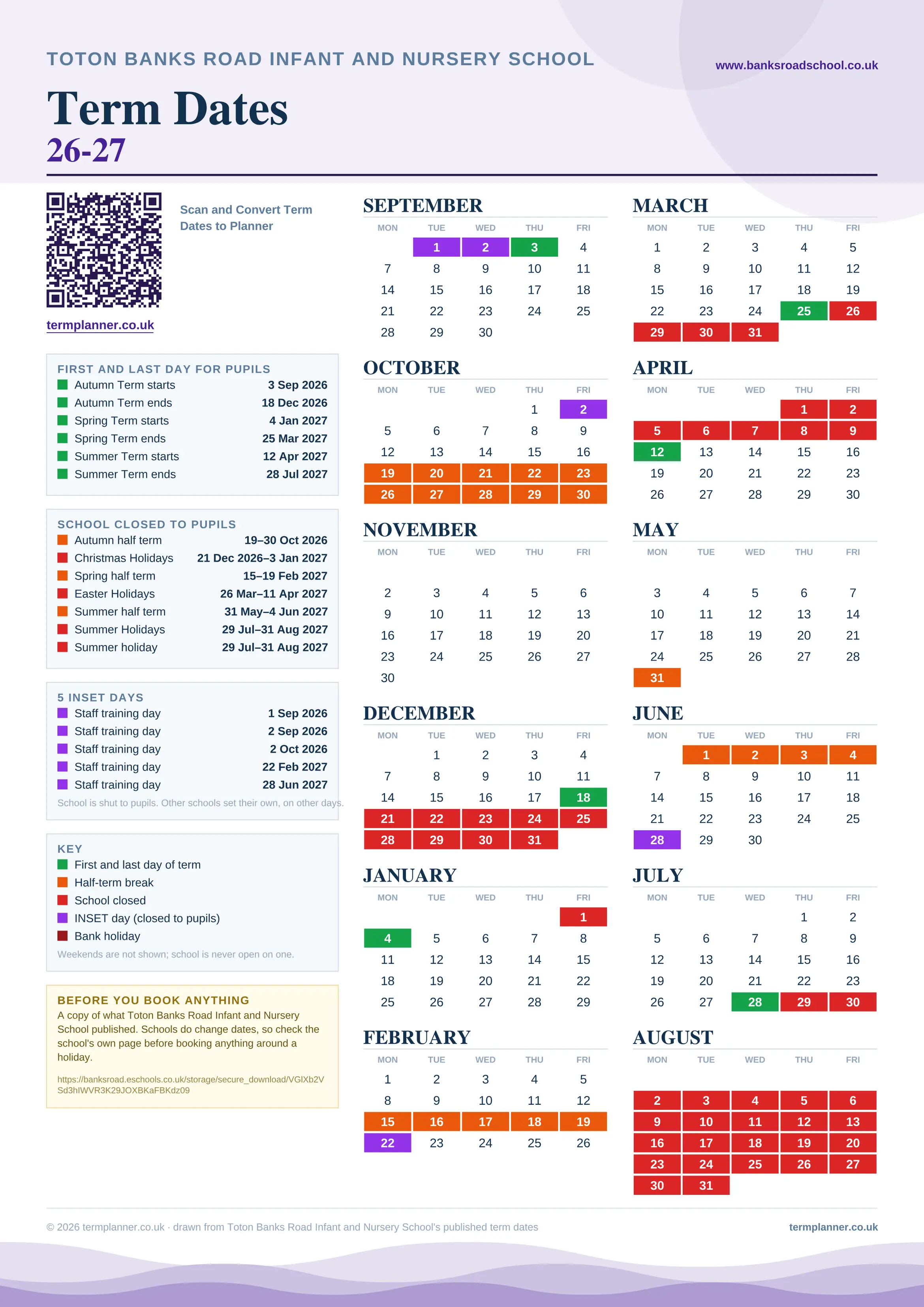Toton Banks Road Infant and Nursery School’s 2026/27 school year drawn as one sheet: twelve month grids from September to August, Monday to Friday, with autumn term 3 September to 18 December 2026, spring term 4 January to 25 March 2027, summer term 12 April to 28 July 2027. Half terms, holidays and bank holidays are filled in colour, the first and last day of each term is marked, 5 INSET days are picked out, and every date is listed again in words down the left.