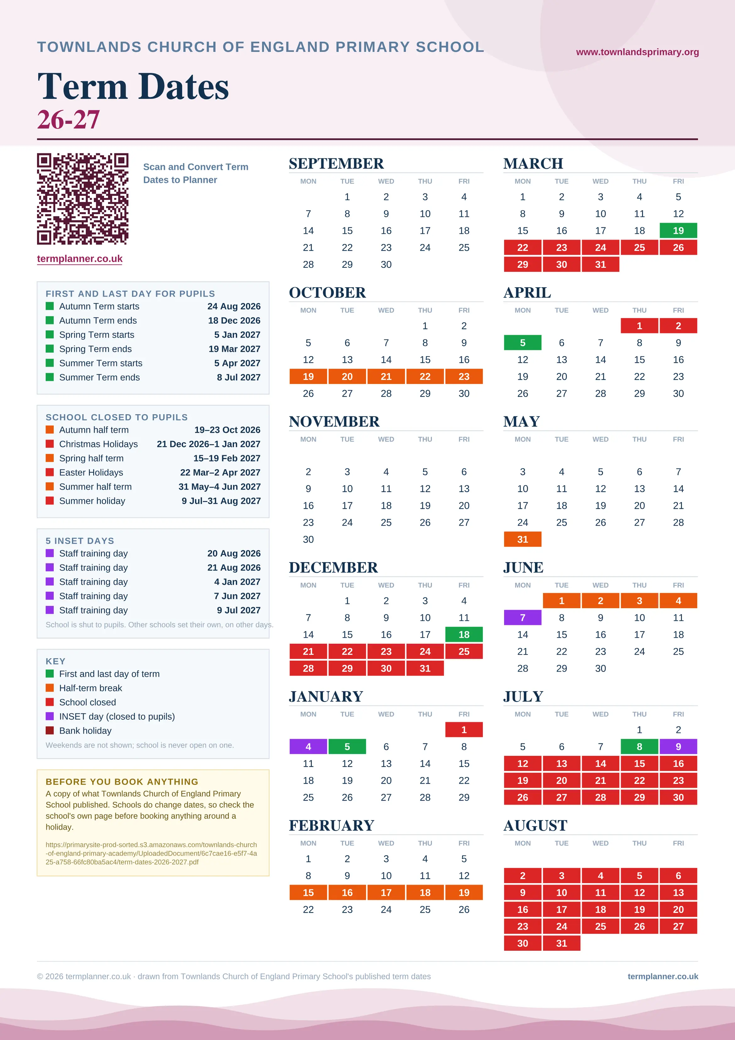 Townlands Church of England Primary School’s 2026/27 school year drawn as one sheet: twelve month grids from September to August, Monday to Friday, with autumn term 24 August to 18 December 2026, spring term 5 January to 19 March 2027, summer term 5 April to 8 July 2027. Half terms, holidays and bank holidays are filled in colour, the first and last day of each term is marked, 5 INSET days are picked out, and every date is listed again in words down the left.