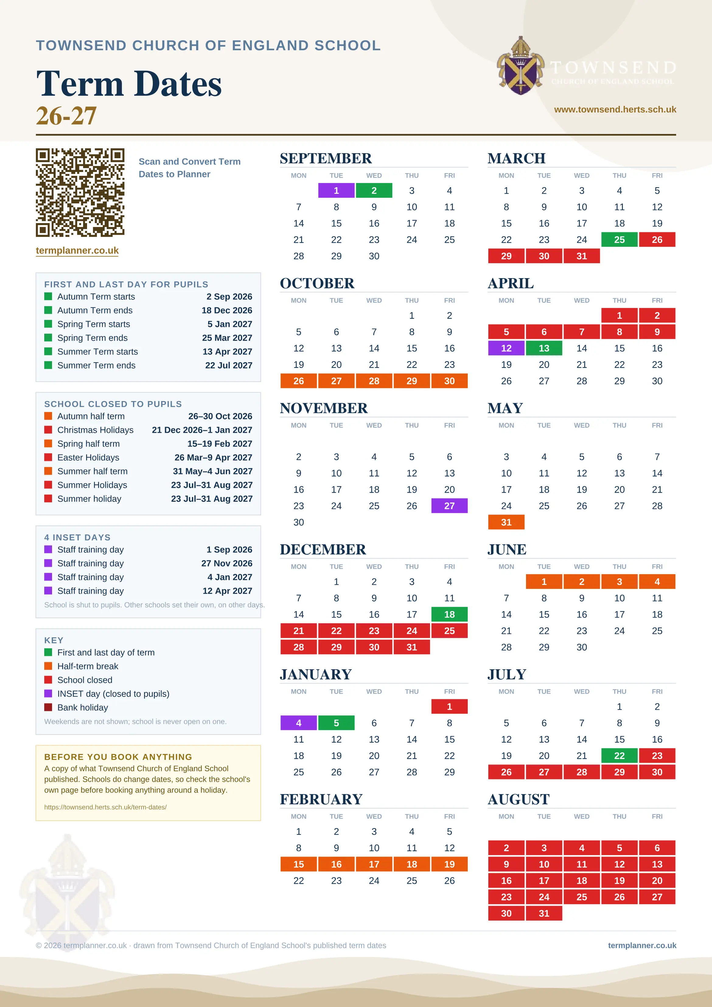 Townsend Church of England School’s 2026/27 school year drawn as one sheet: twelve month grids from September to August, Monday to Friday, with autumn term 2 September to 18 December 2026, spring term 5 January to 25 March 2027, summer term 13 April to 22 July 2027. Half terms, holidays and bank holidays are filled in colour, the first and last day of each term is marked, 4 INSET days are picked out, and every date is listed again in words down the left.