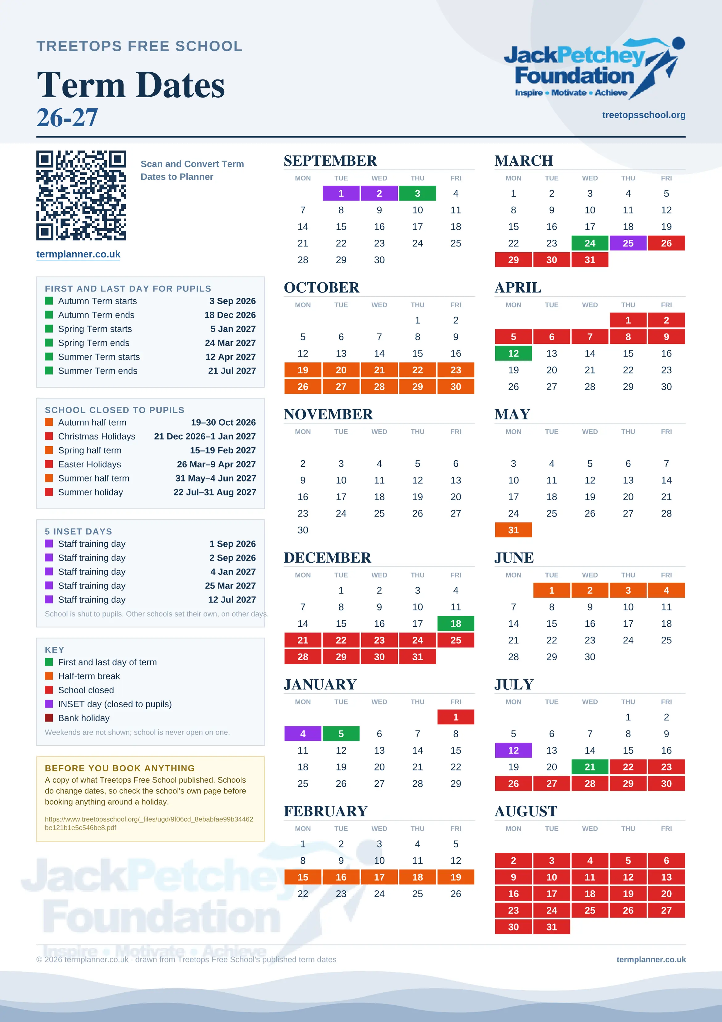 Treetops Free School’s 2026/27 school year drawn as one sheet: twelve month grids from September to August, Monday to Friday, with autumn term 3 September to 18 December 2026, spring term 5 January to 24 March 2027, summer term 12 April to 21 July 2027. Half terms, holidays and bank holidays are filled in colour, the first and last day of each term is marked, 5 INSET days are picked out, and every date is listed again in words down the left.