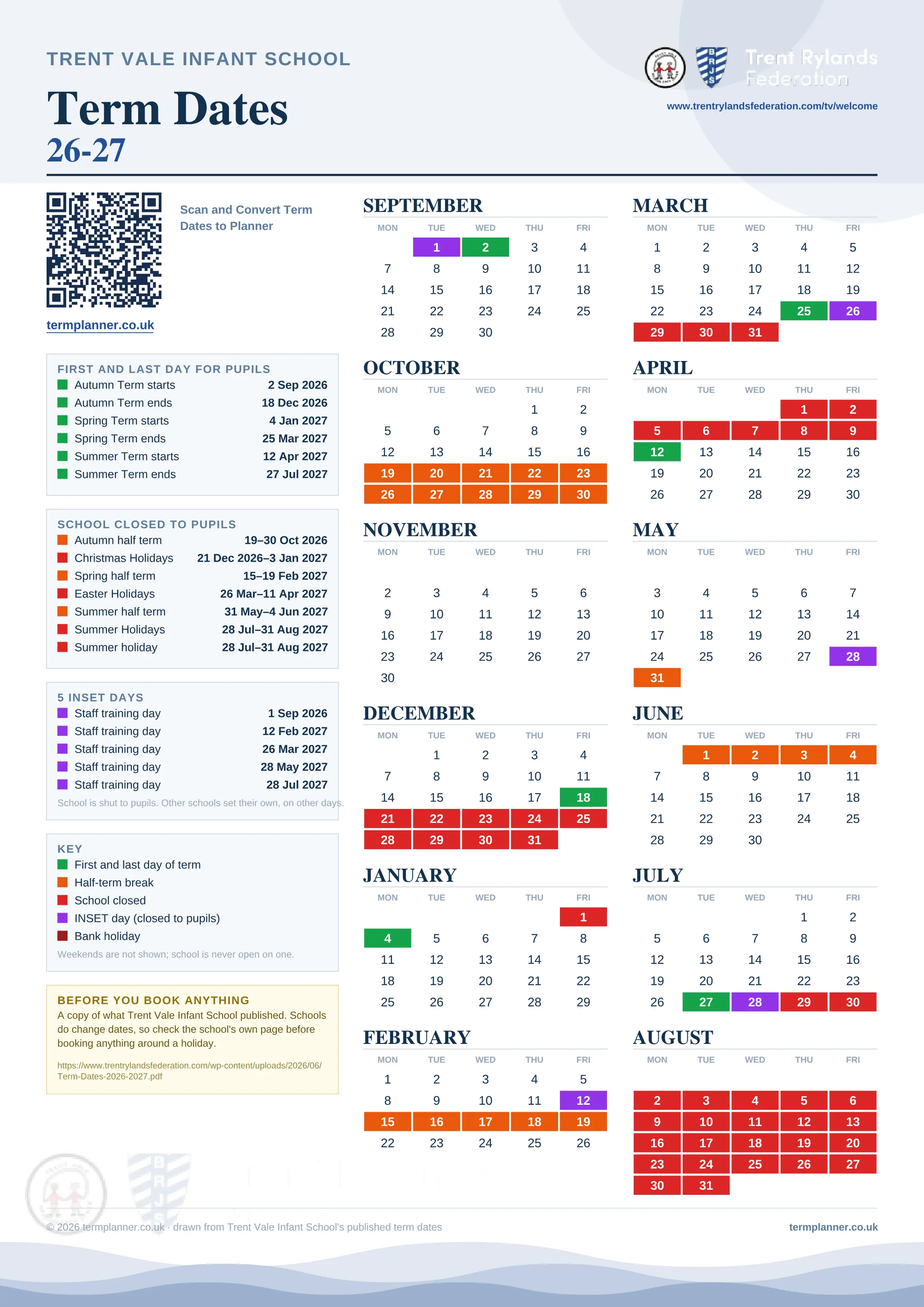 Trent Vale Infant School’s 2026/27 school year drawn as one sheet: twelve month grids from September to August, Monday to Friday, with autumn term 2 September to 18 December 2026, spring term 4 January to 25 March 2027, summer term 12 April to 27 July 2027. Half terms, holidays and bank holidays are filled in colour, the first and last day of each term is marked, 5 INSET days are picked out, and every date is listed again in words down the left.