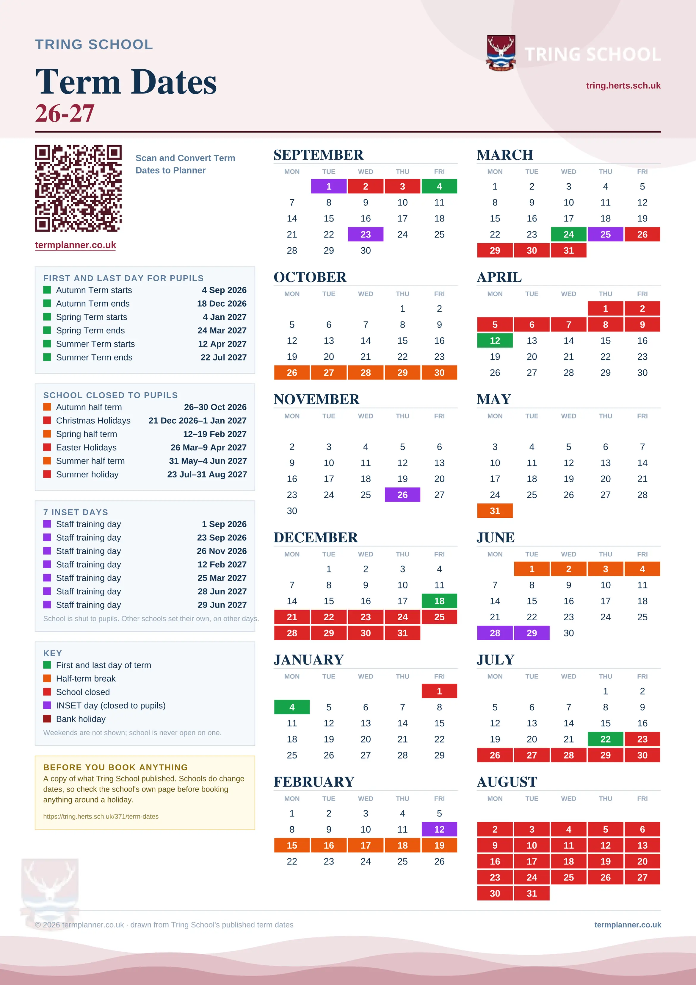 Tring School’s 2026/27 school year drawn as one sheet: twelve month grids from September to August, Monday to Friday, with autumn term 4 September to 18 December 2026, spring term 4 January to 24 March 2027, summer term 12 April to 22 July 2027. Half terms, holidays and bank holidays are filled in colour, the first and last day of each term is marked, 7 INSET days are picked out, and every date is listed again in words down the left.