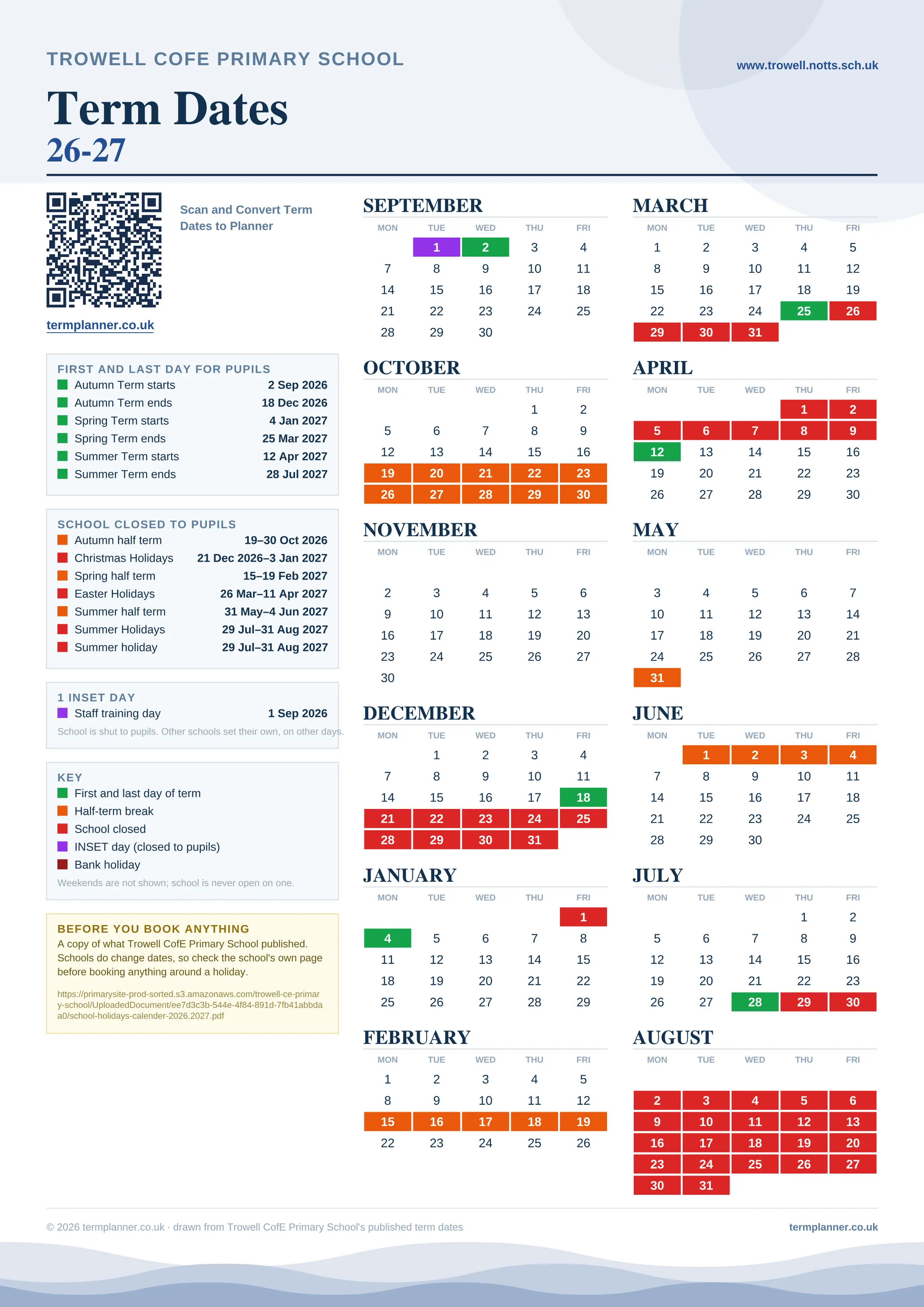 Trowell CofE Primary School’s 2026/27 school year drawn as one sheet: twelve month grids from September to August, Monday to Friday, with autumn term 2 September to 18 December 2026, spring term 4 January to 25 March 2027, summer term 12 April to 28 July 2027. Half terms, holidays and bank holidays are filled in colour, the first and last day of each term is marked, 1 INSET day is picked out, and every date is listed again in words down the left.