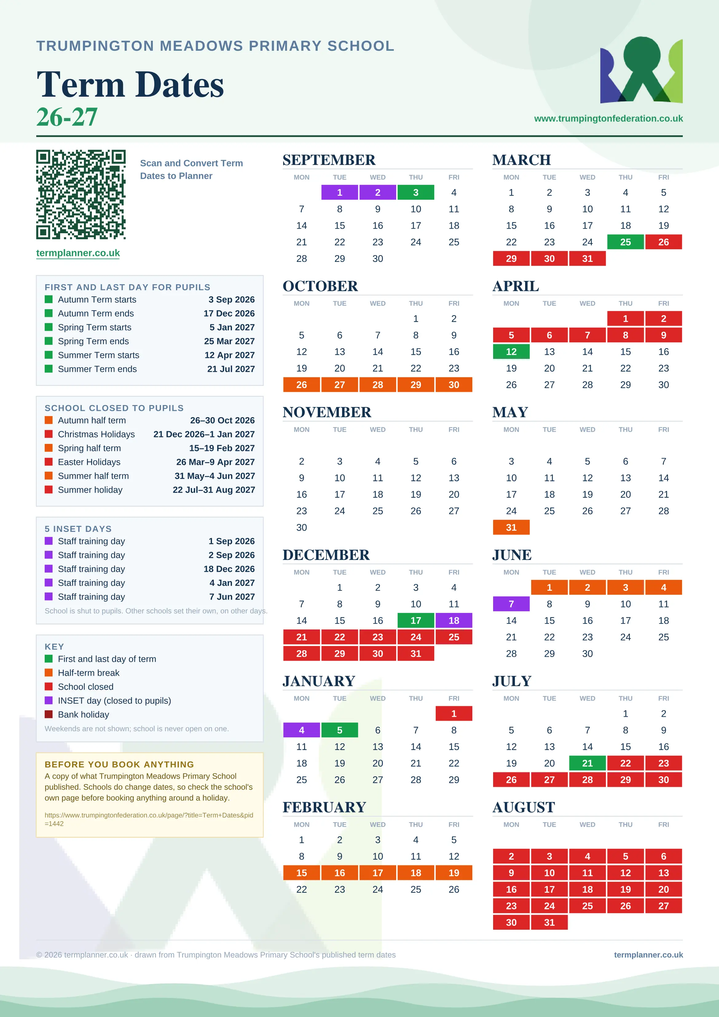 Trumpington Meadows Primary School’s 2026/27 school year drawn as one sheet: twelve month grids from September to August, Monday to Friday, with autumn term 3 September to 17 December 2026, spring term 5 January to 25 March 2027, summer term 12 April to 21 July 2027. Half terms, holidays and bank holidays are filled in colour, the first and last day of each term is marked, 5 INSET days are picked out, and every date is listed again in words down the left.