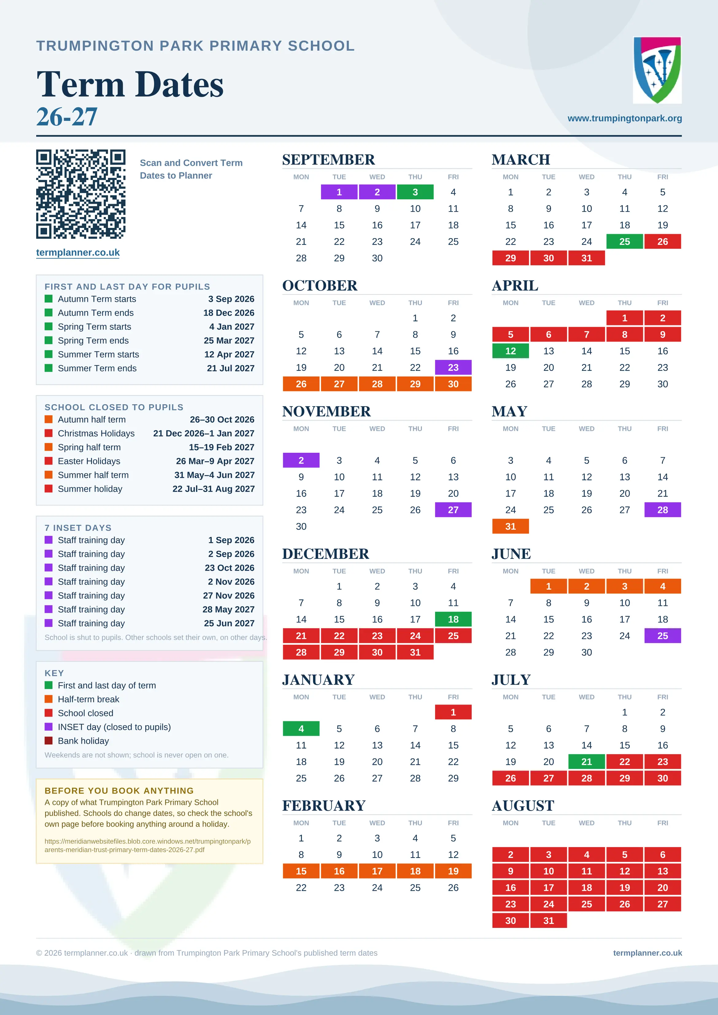 Trumpington Park Primary School’s 2026/27 school year drawn as one sheet: twelve month grids from September to August, Monday to Friday, with autumn term 3 September to 18 December 2026, spring term 4 January to 25 March 2027, summer term 12 April to 21 July 2027. Half terms, holidays and bank holidays are filled in colour, the first and last day of each term is marked, 7 INSET days are picked out, and every date is listed again in words down the left.
